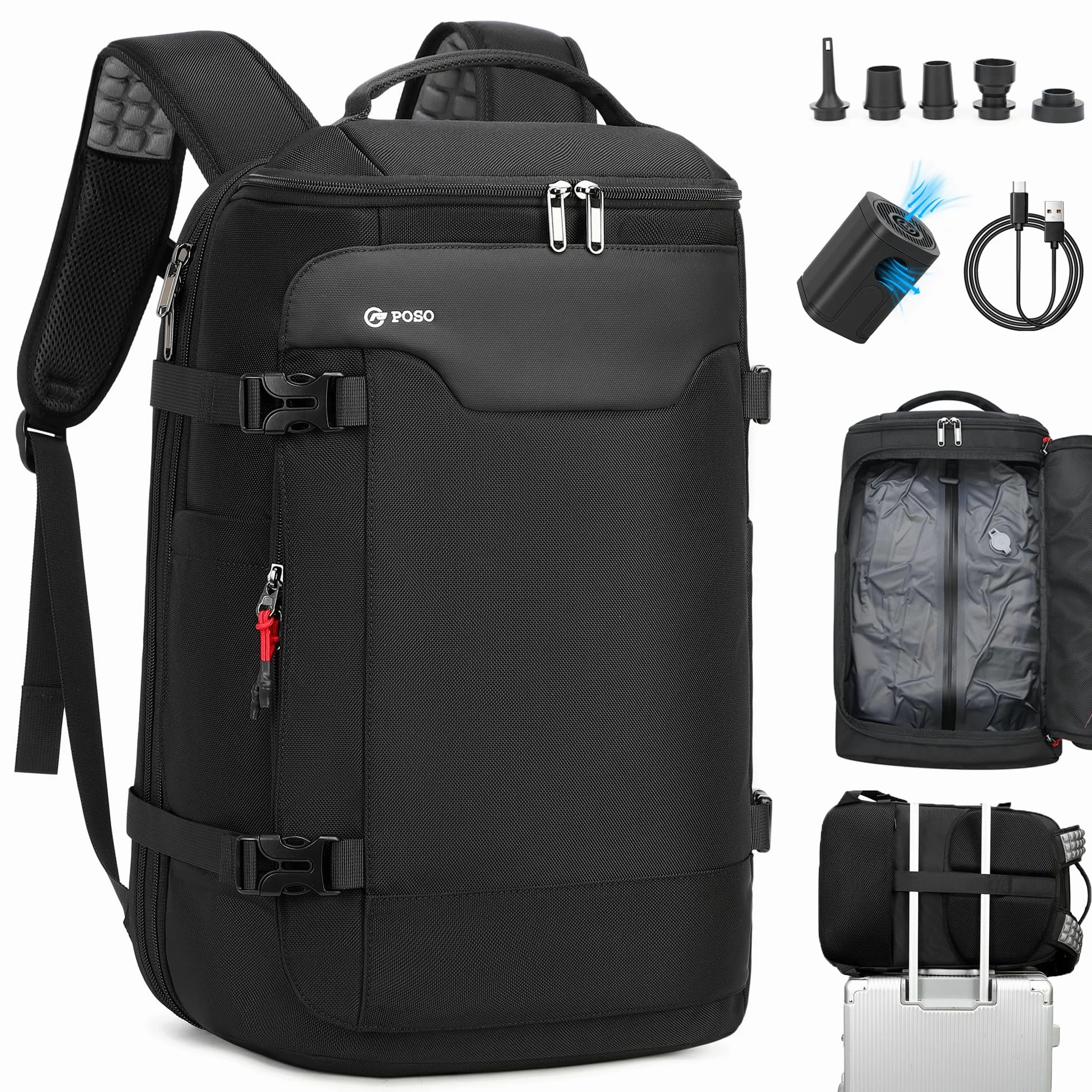 sac de voyage sous vide, 60 L extensible sac a dos compression sous vide, sac à dos pour ordinateur portable 17 pouces,sac a dos voyage cabine avion sous vide avec pompe, noir