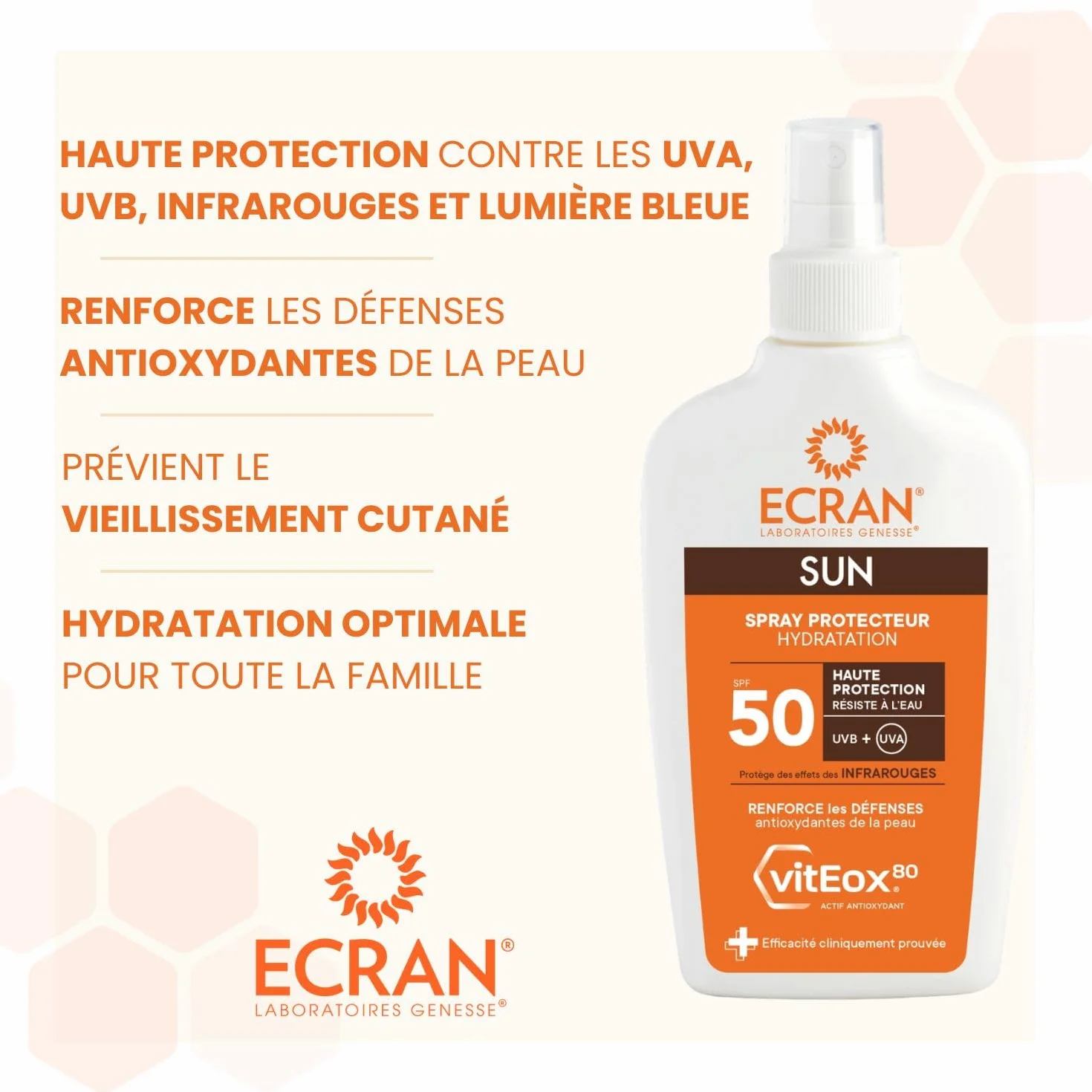 ECRAN Spray Protecteur Hydratant SPF 50 Protection Solaire UVA UVB Vitamine E Format Voyage