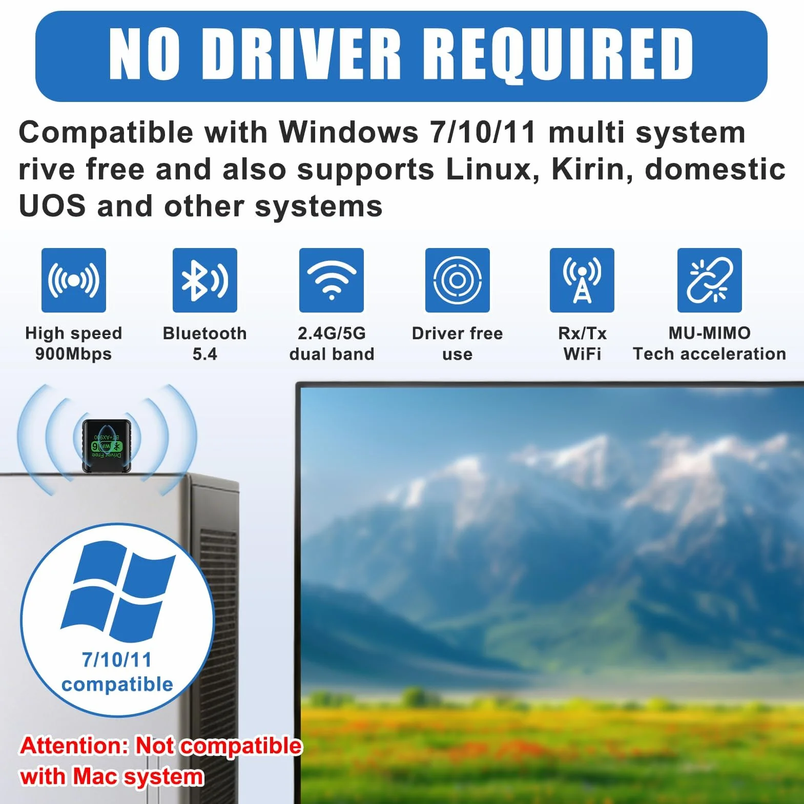 Adaptateur USB WiFi 6 AX900 Mbps Bluetooth 5.4 Double Bande 5GHz 600Mbps 2.4GHz 286Mbps