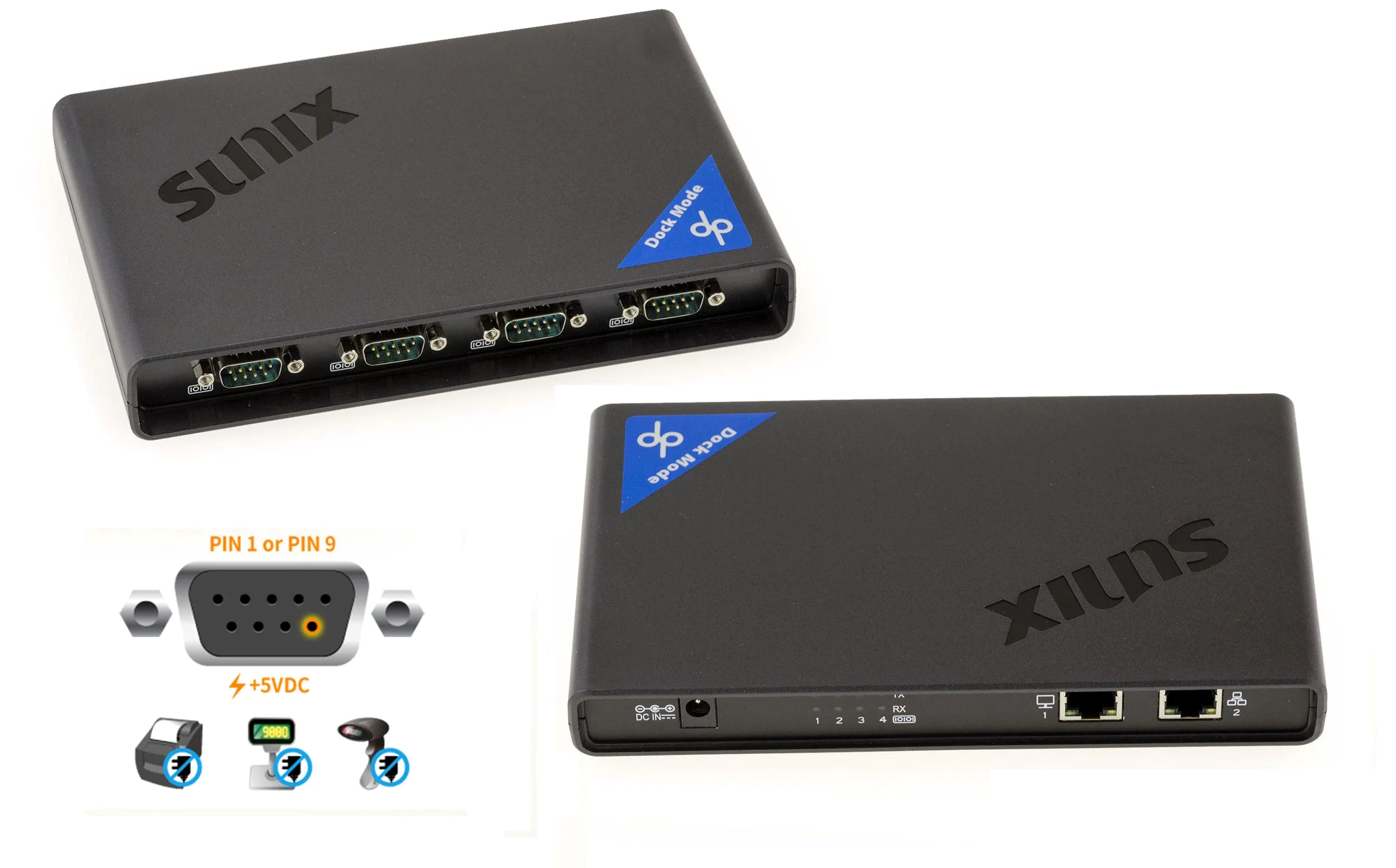 KALEA-INFORMATIQUE Dock Convertisseur Industriel Ethernet RJ45 TCP IP vers 4 Ports série RS232 DB9 avec POS 5V. Chipset SUNIX DPL2000Q (DPKS04HP0)