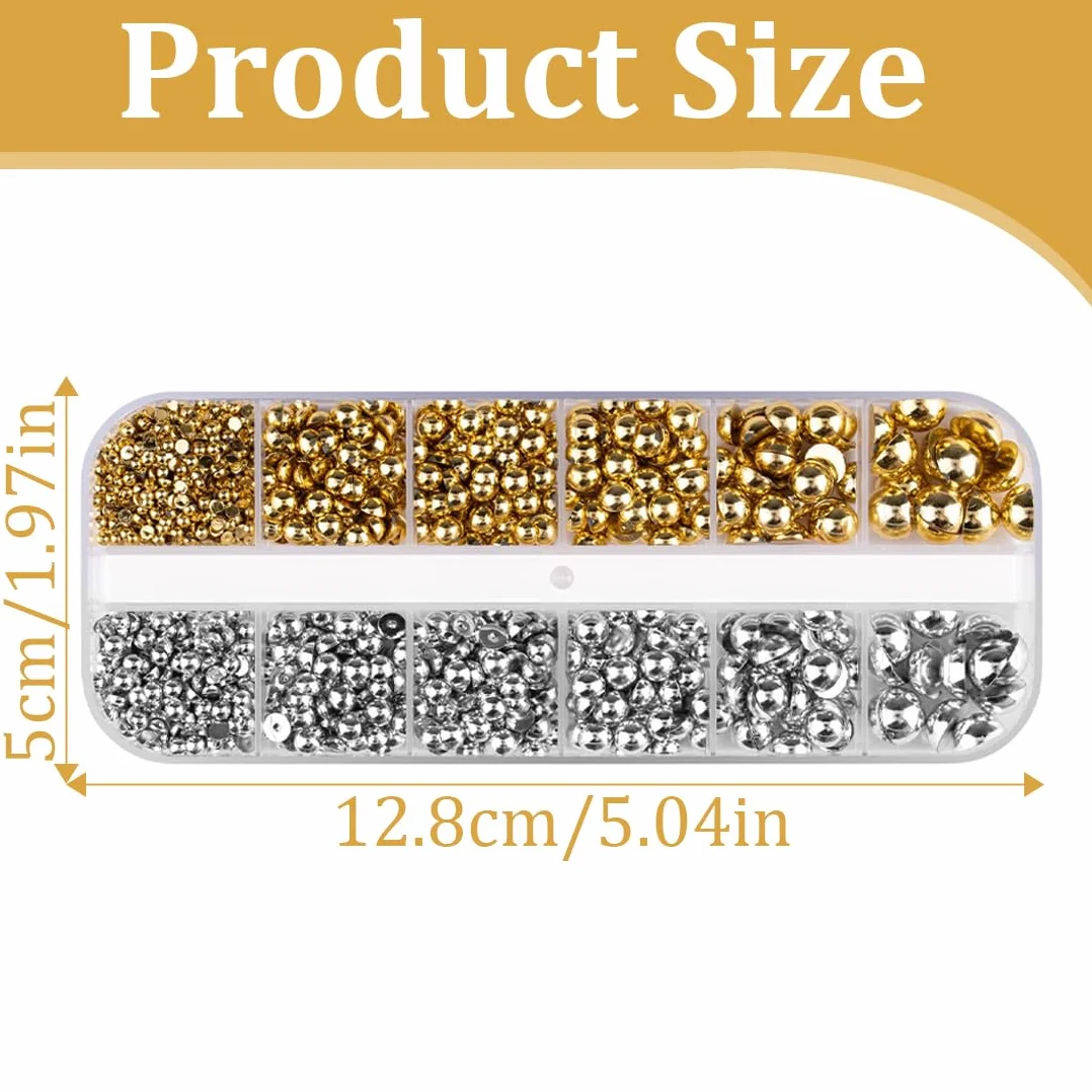 Boîte 3D Flatback Perle Ongle Argent et Or, Demi-Rondes Métal Perle Bijoux Nail Art