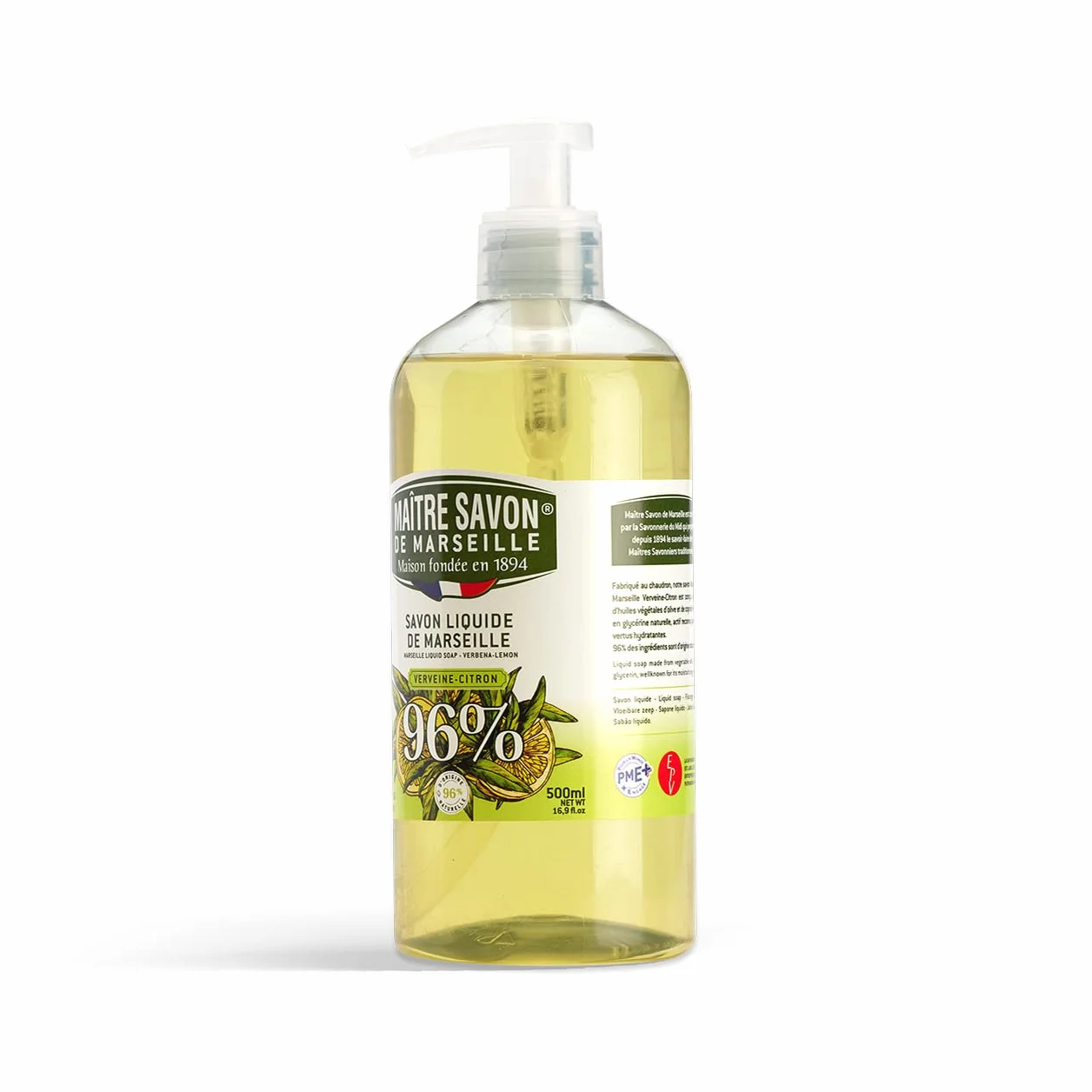 Maître Savon de Marseille Savon de Marseille liquide VERVEINE-CITRON 500ml 96% d'origine naturelle
