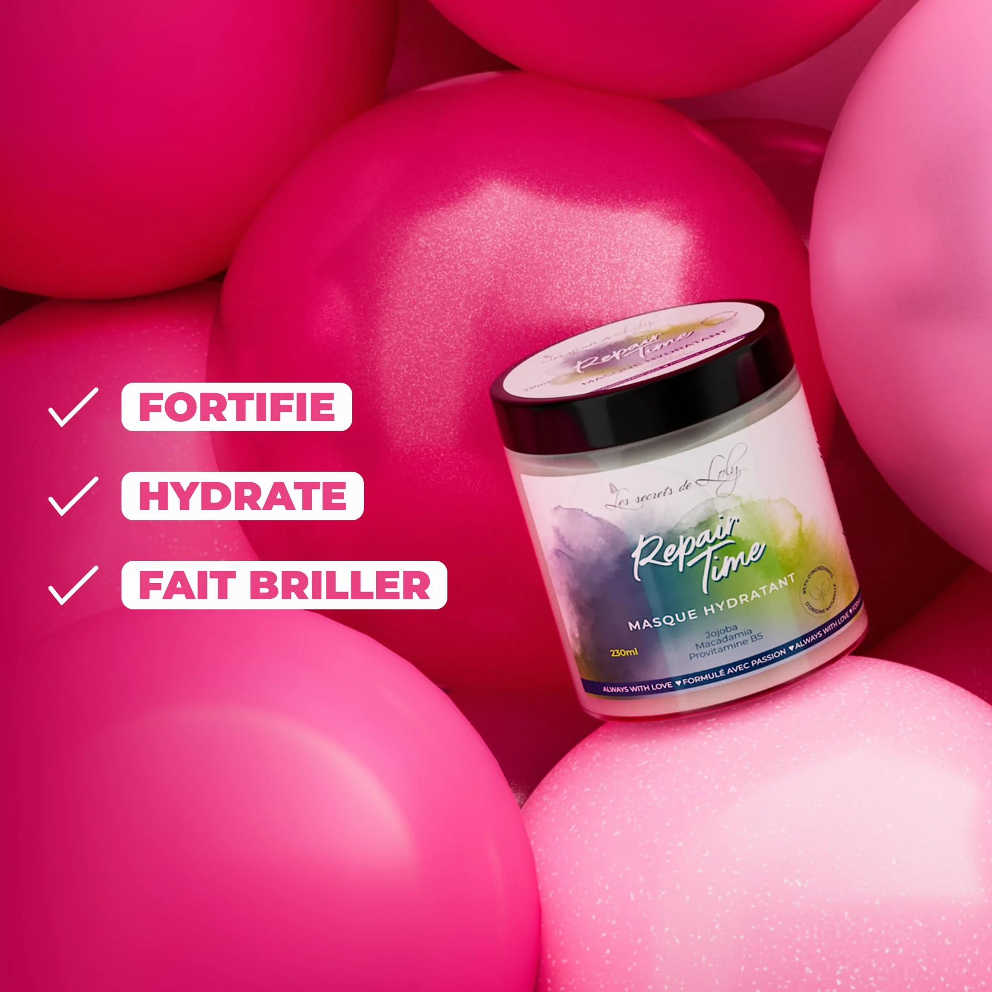 Les Secrets de Loly Repair Time Masque hydratant Fortifiant démêlage facile Cheveux ondulés bouclés frisés crépus 230 ml
