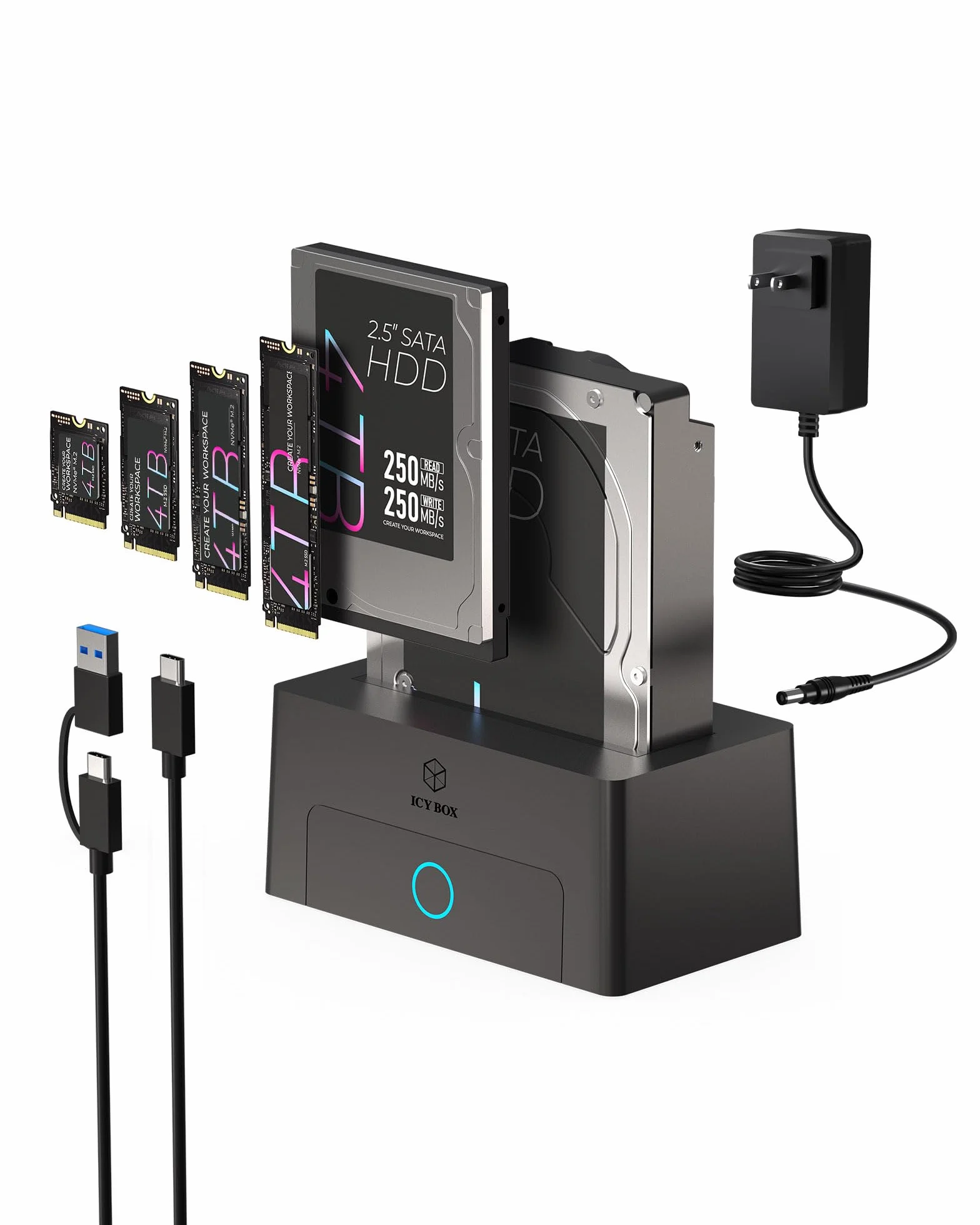 ICY Box Spade Dock IB-1123M-CU31 Station d’Accueil M.2 NVMe SATA HDD/SSD USB 3.2 Gen 2 Type-C HotSwap UASP