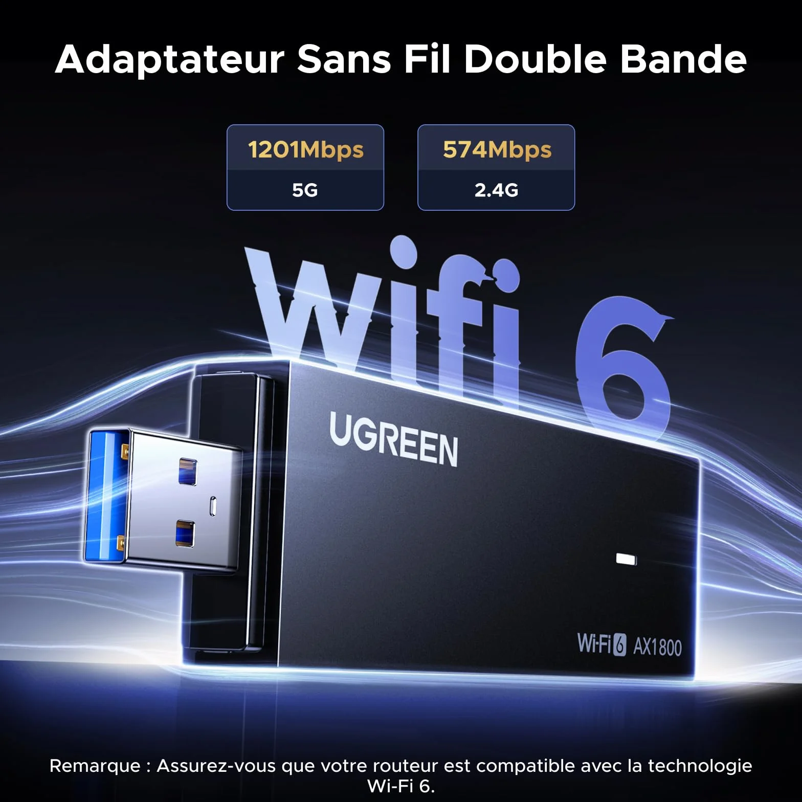 UGREEN Adaptateur USB WiFi 6 AX1800 Double Bande 5GHz 2.4GHz WPA3 pour PC Laptop Windows 11 10