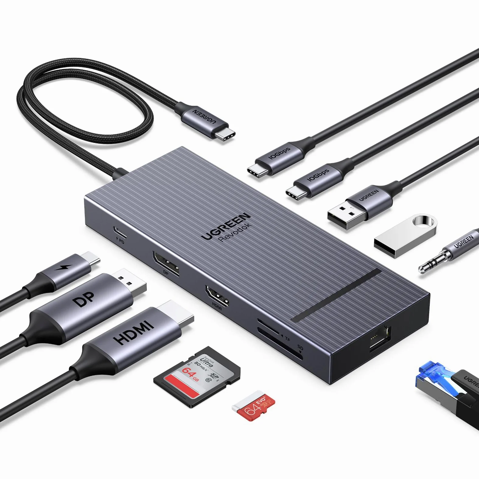 UGREEN Revodok Pro 2111 Hub USB C 11 en 1 Docking Station Double Affichage | 1 HDMI 4K60Hz, DisplayPort 4K120Hz, 10Gbps, 2A2C Data Ports, Ethernet Gigabit, PD 100W Charge, SD TF, Audio 3,5mm