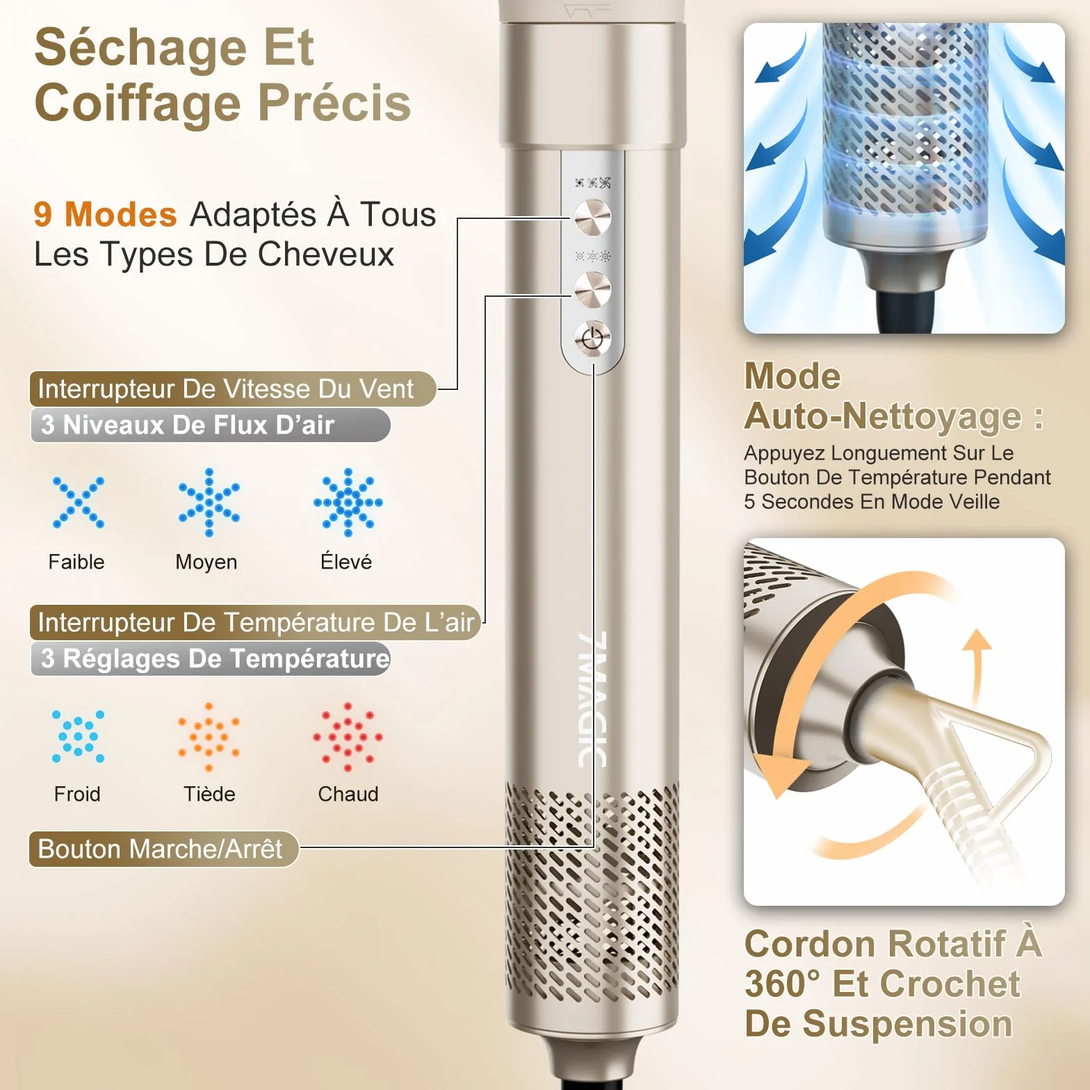 7MAGIC Air Styler 6 en 1 Sèche Cheveux Ionique Boucleur Automatique Brosse Soufflante Lissante