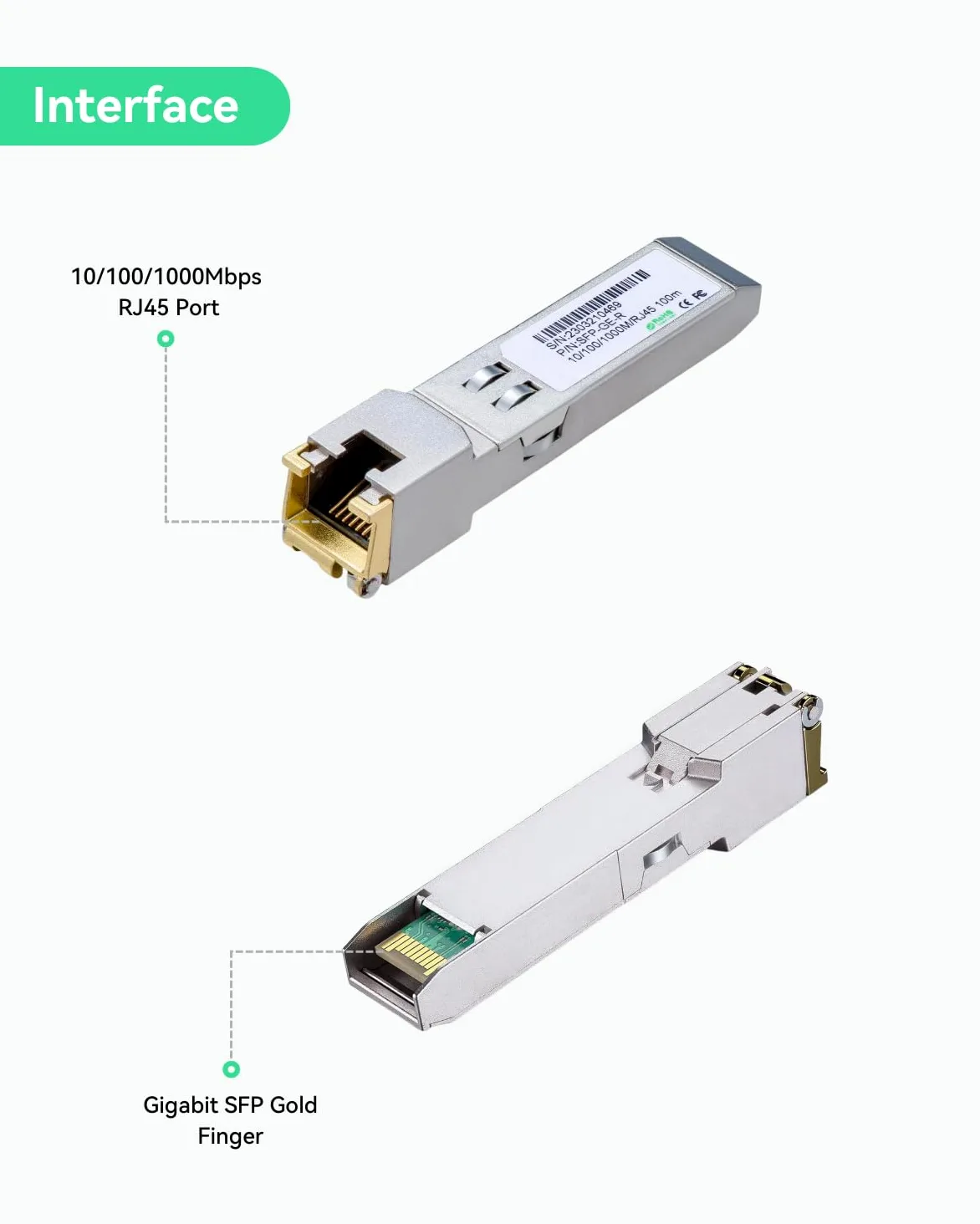 LINOVISION Transceiver Ethernet Gigabit 1,25G SFP vers RJ45, Distance Jusqu'à 100m, Convertisseur 1000BASE-T SFP-T pour Cisco, D-Link, Supermicro, Netgear, TP-Link et Plus (Lot de 2)