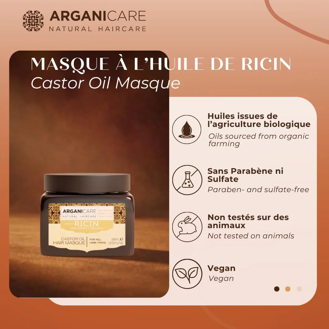 ARGANICARE Masque Cheveux Huile de Ricin Bio & Argan 500 ml – Soin Hydratant Réparateur Anti-Casse pour Cheveux Secs et Abîmés