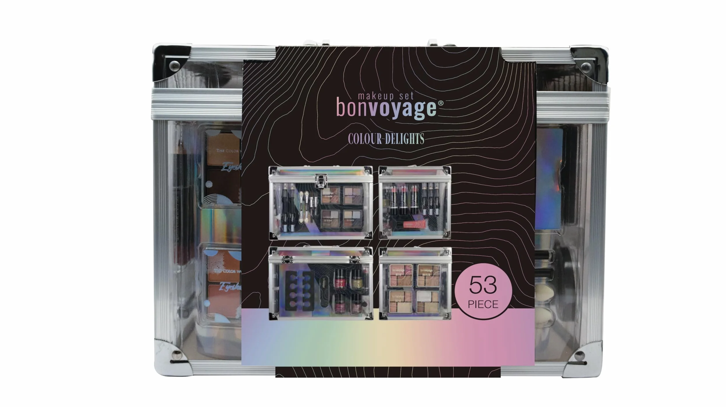 Coffret Maquillage Femme Rouge à Lèvres Ombres à Paupières Blush Set Manucure Pédicure Malette Transparente Portable Colour Delights