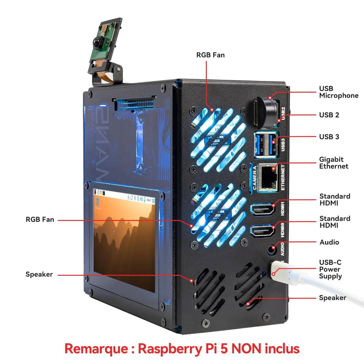 Pironman 5 Pro Max boîtier Mini PC avec écran tactile 4,3" pour Raspberry Pi 5, agent IA OpenClaw, double NVMe RAID 0/1 NAS, caméra, micro, audio, M.2 Hailo8, LLMs ChatGPT/Gemini (RPI5 non inclus)