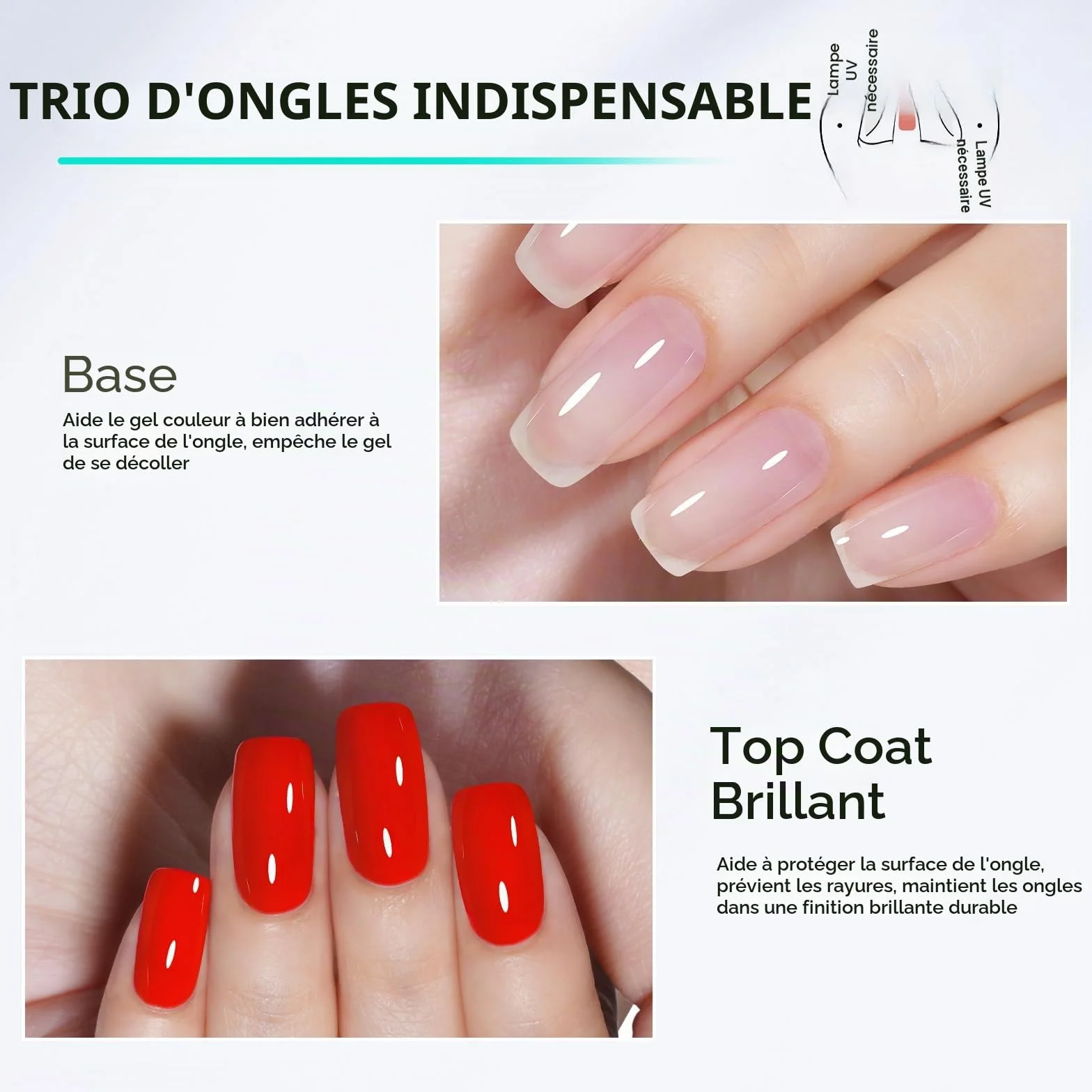 TOMICCA Base and Top Coat Vernis Semi Permanent 2x15ml UV LED Gel Nail Set