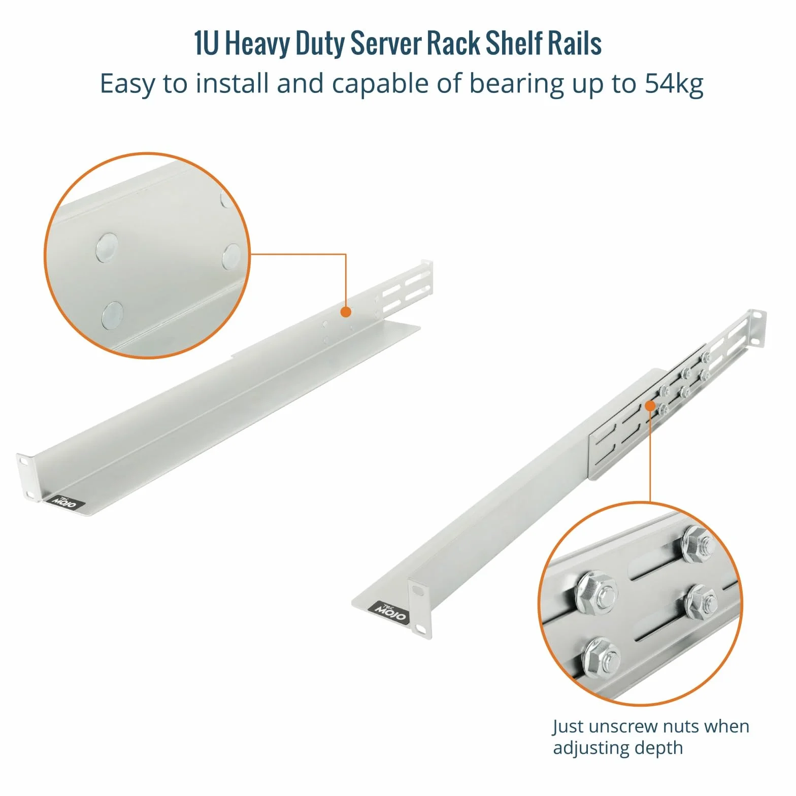 Tecmojo Rails de Rack 1U, Étagère de Rack à 4 Montants, Profondeur Réglable 530-812mm, Capacité 54kg, Argenté