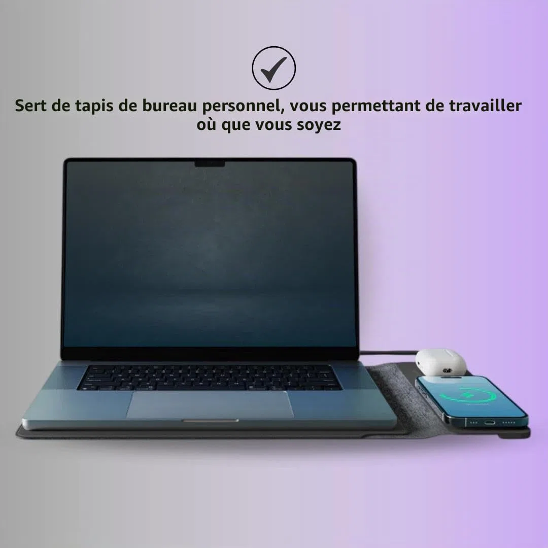 Housse pour ordinateur portable avec chargement sans fil | Housse multifonctionnelle 4-en-1 en cuir, tapis de souris et tapis de bureau | Charge rapide pour téléphones et écouteurs | Protection