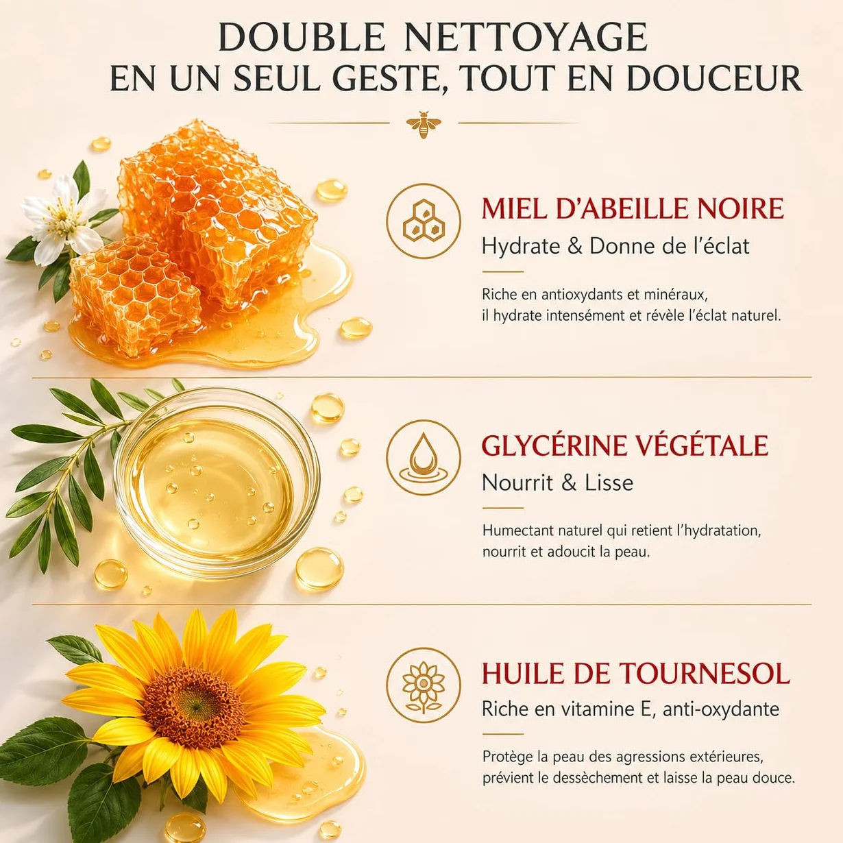 Lait Démaquillant Visage au Miel 100ml Gel Nettoyant 2-en-1 Peaux Sensibles Fabriqué en France