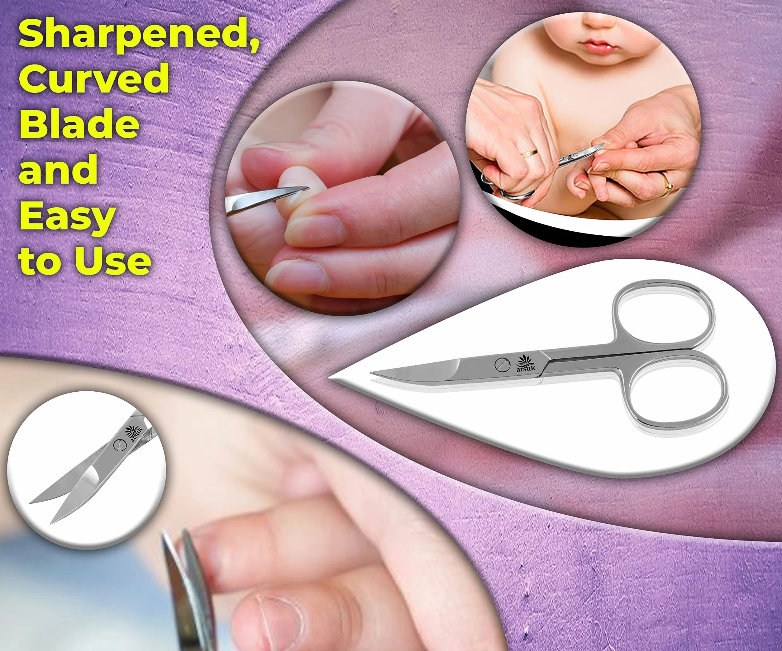 ARSUK Ciseaux à ongles incurvés en acier inoxydable pointus