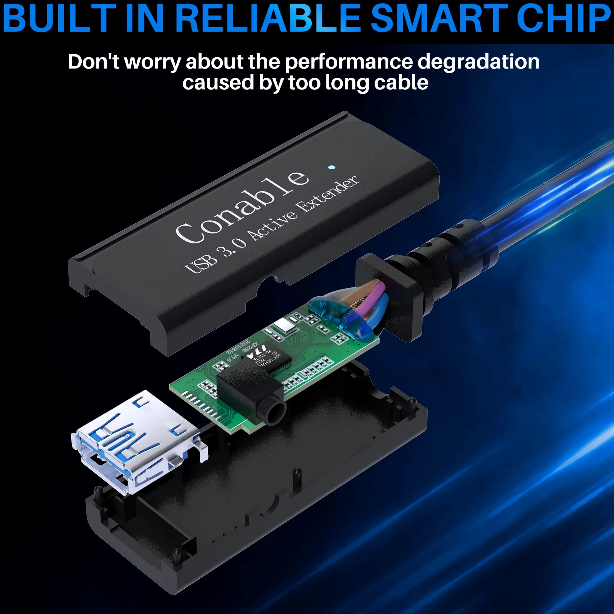 Conable Câble d'extension répéteur actif USB 3.0 de 12,7 m mâle vers femelle (6,1 m à 30,5 m) 5 Gpbs - Puce intelligente de transfert de signal avec 5 attaches Velcro
