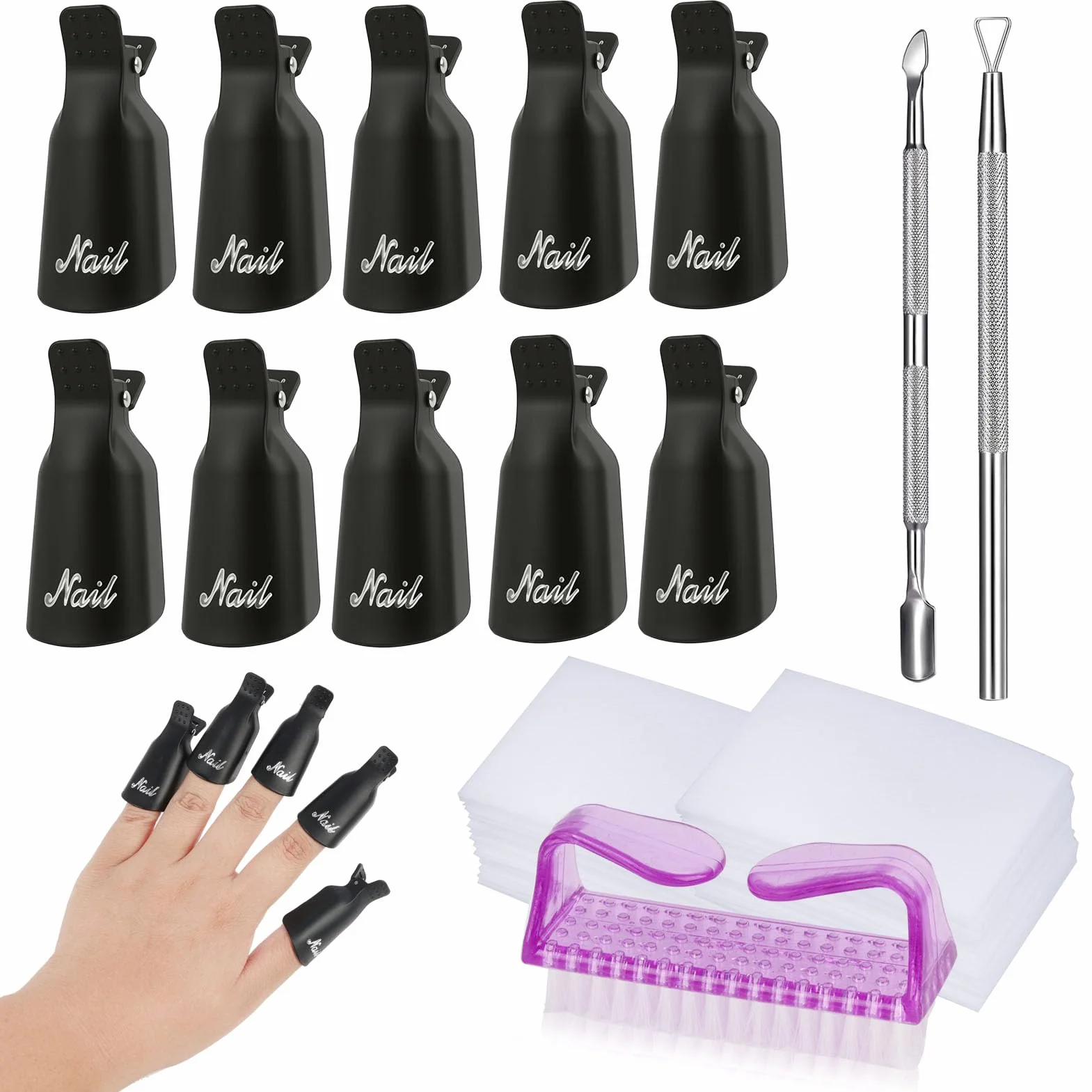 Kit Retrait Vernis Semi Permanent - 10 Pinces Doigts + Grattoir + Poussoir Cuticules + 100x Cotons + Brosse Ongles, Pince Vernis Ongle Semi Permanent