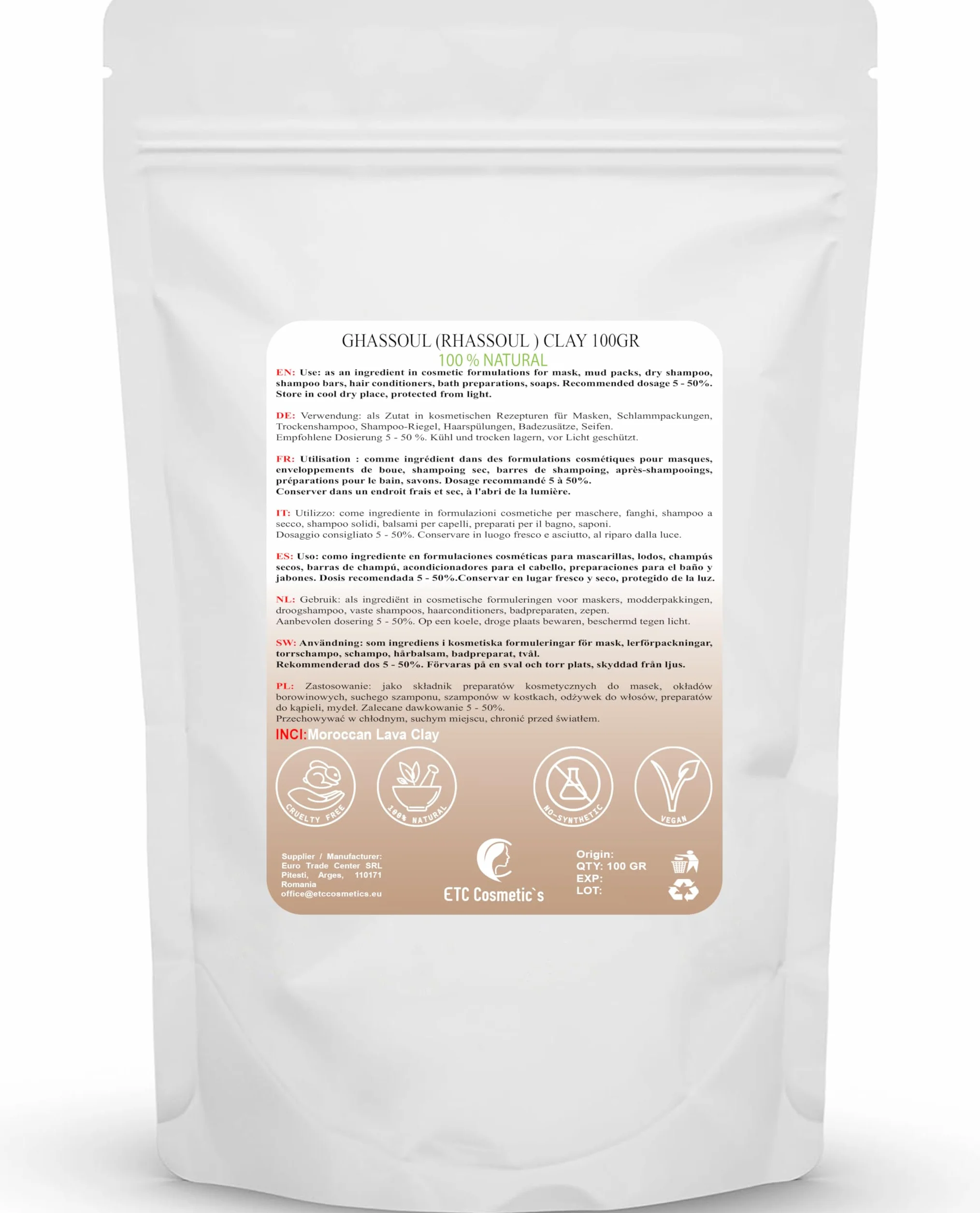 Ghassoul Argile Rhassoul 100g Masque Visage Corps Cheveux Gommage Doux Savon Anti-Âge