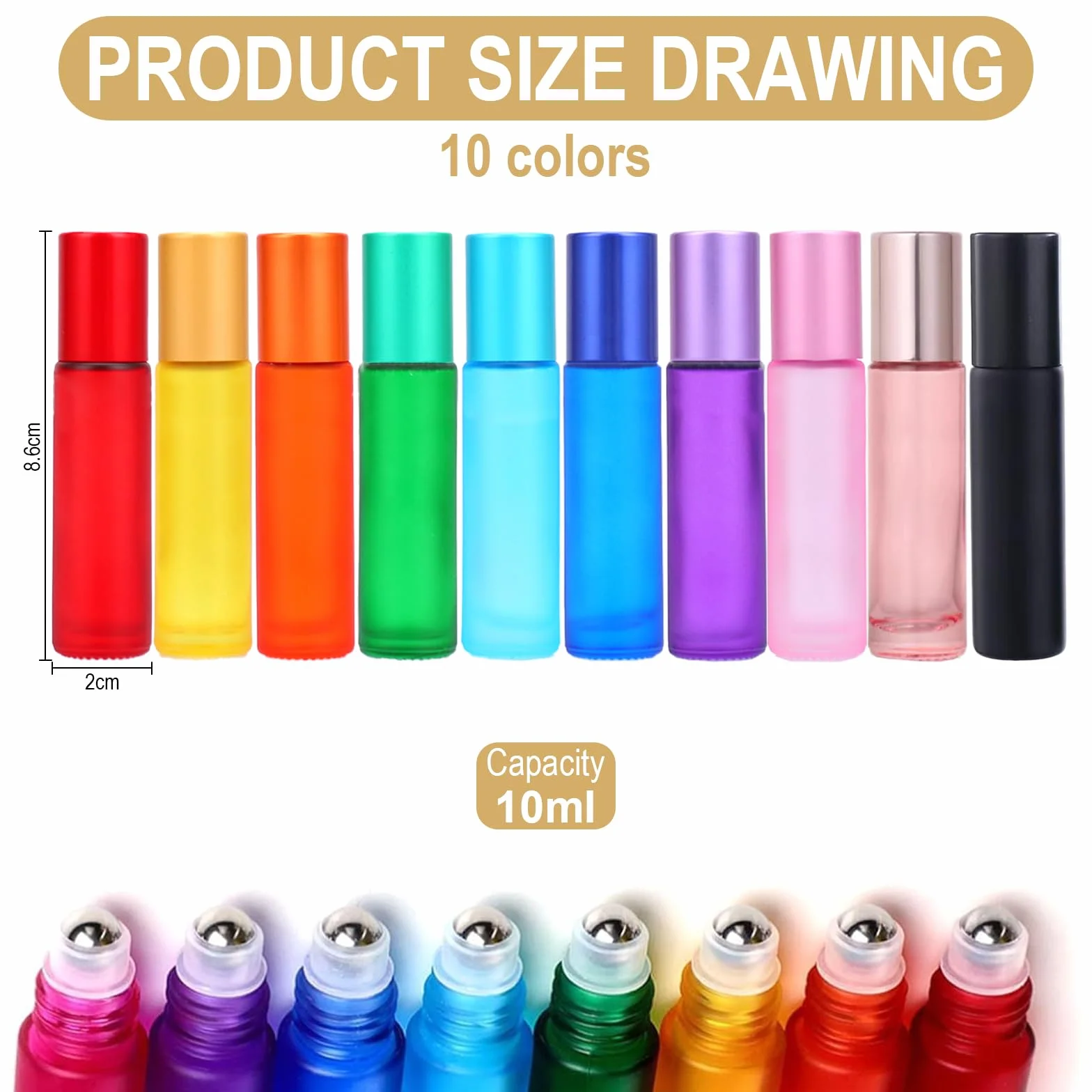 Flacons Roll-on en Verre 10 ML pour Huiles Essentielles, Aromathérapie, Parfums et Cosmétiques - Lot de 10 en Couleurs