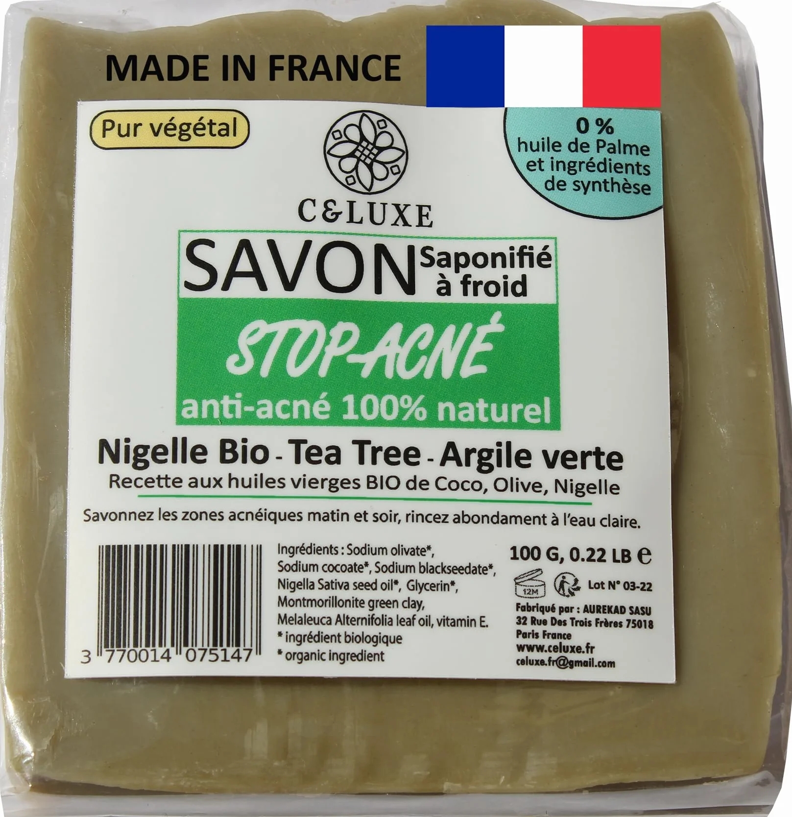 Savon anti acné Nigelle bio Tea Tree Argile verte 100% naturel saponifié à froid peaux grasses acnéiques antibactérien antifongique Corps Visage 100g