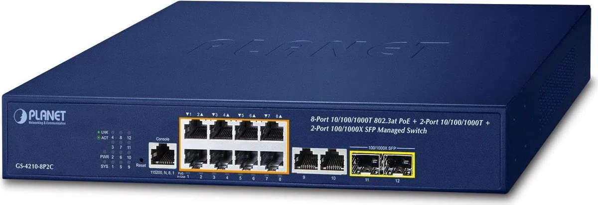 Planet IPv4/IPv6, 8-Port Géré 802.3at POE+ Gigabit Ethernet, W126582752 (802.3at POE+ Gigabit Ethernet Switch + 2-Port 10/100/1000Mbps RJ45 + 2-Port 100/1000X SFP)