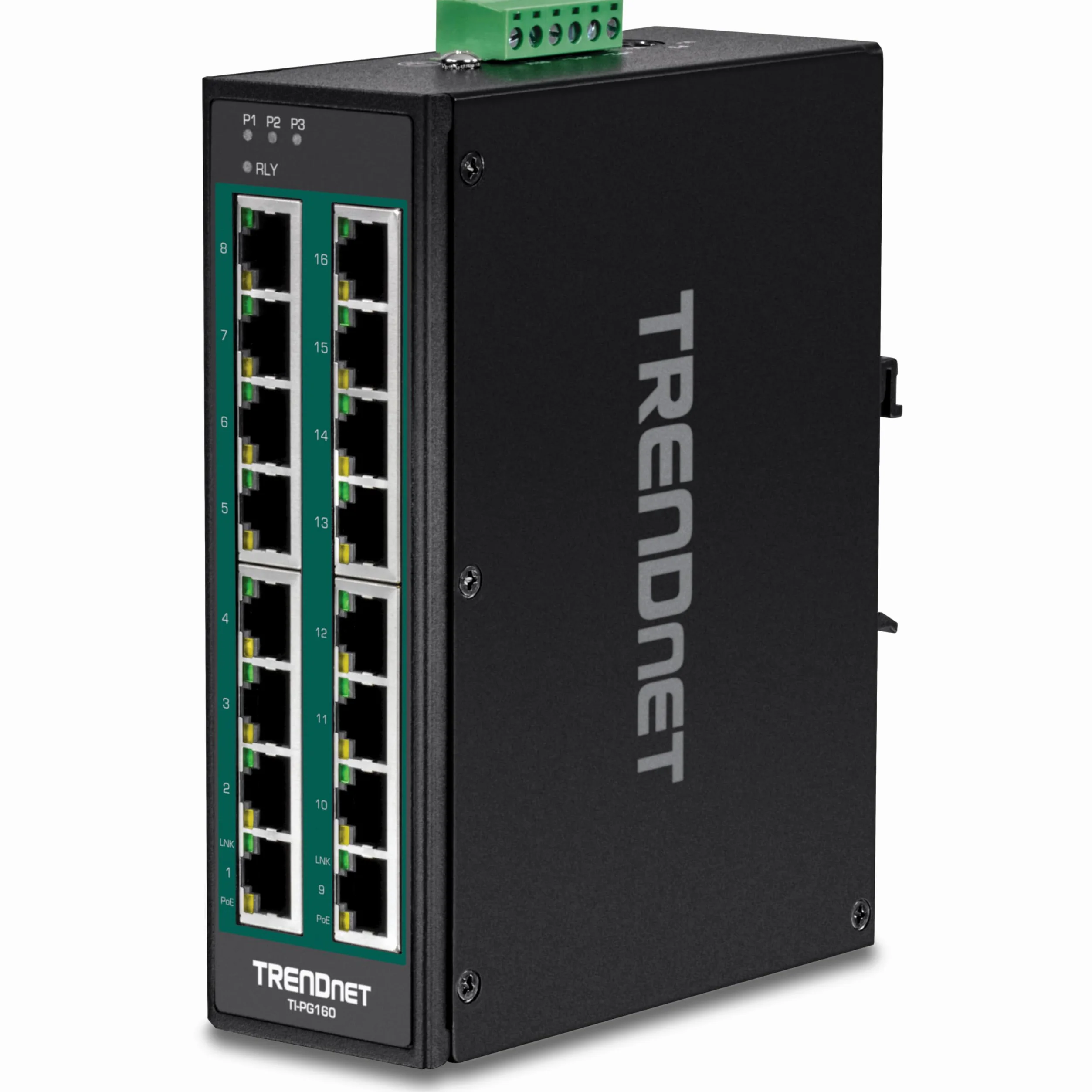 TRENDnet, TI-PG160, Commutateur sur Rail DIN Gigabit 10/100/1000Mbps Industriel Non géré à 16 Ports avec Ports PoE+ 16 Gigabit