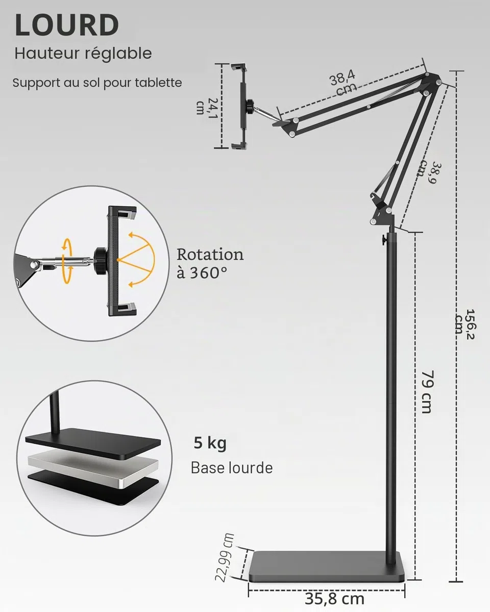 Support Tablette de Sol avec Base 5KG et Pince de Bureau, Support de Bras Pliable à Angle Réglable en Hauteur, Compatible avec iPhone, iPad Pro Air Mini, Galaxy Tab, Kindle(4,5''-13'')