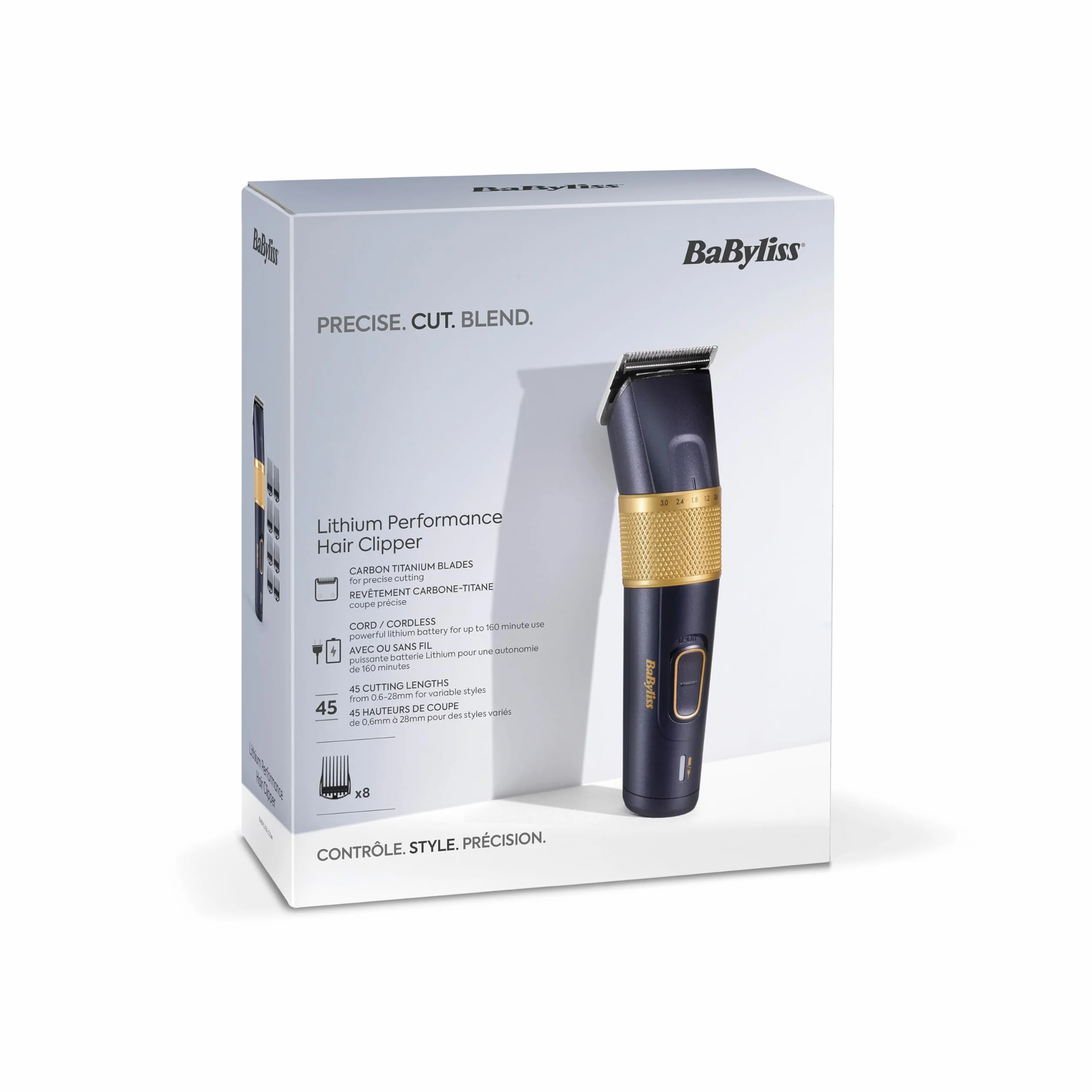 BaByliss Tondeuse à cheveux Lithium Performance E986E, sans fil, 45 réglages de longueur 0,6-28 mm, Bleu foncé/or