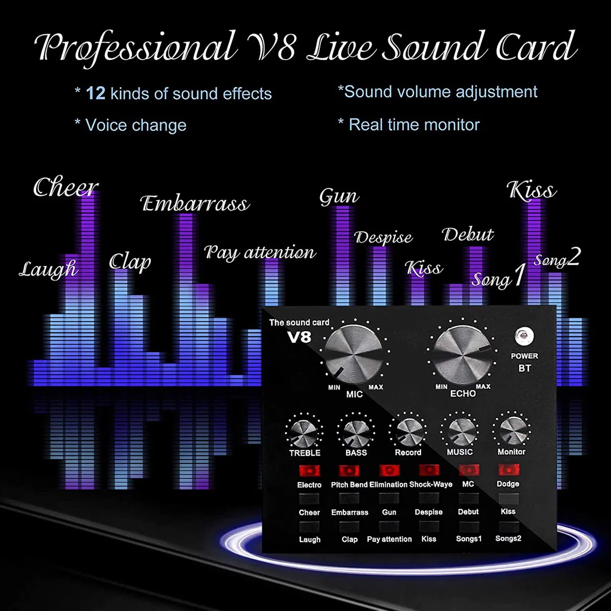Carte Son multifonctionnelle en Direct, Ensemble de Microphones pour Carte Son, Ensemble de Microphones en métal de Diffusion, Support réglable, 12 Effets sonores de Fond
