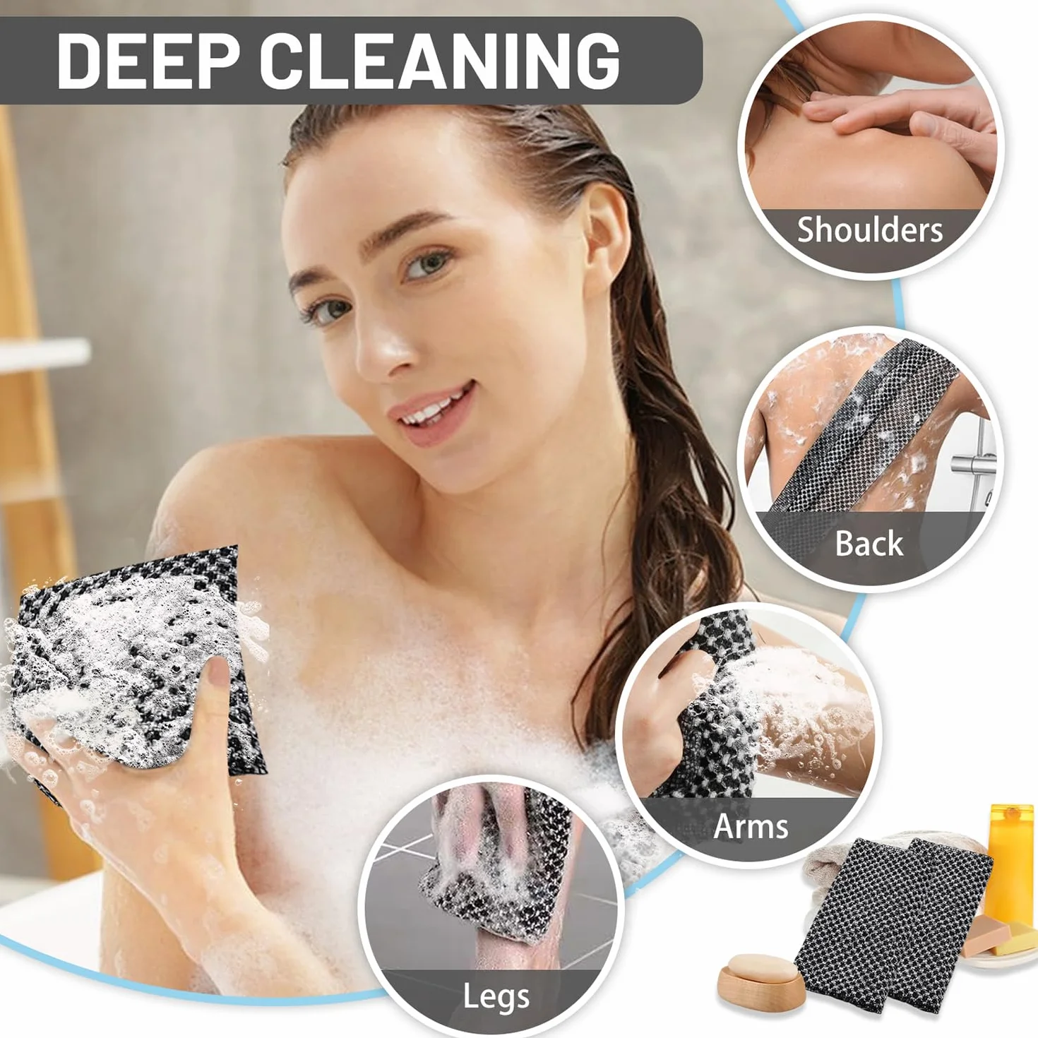 Serviettes Exfoliantes Lot de 3, Serviette de Douche Antibactérienne Longue, Gommage Corps Noir