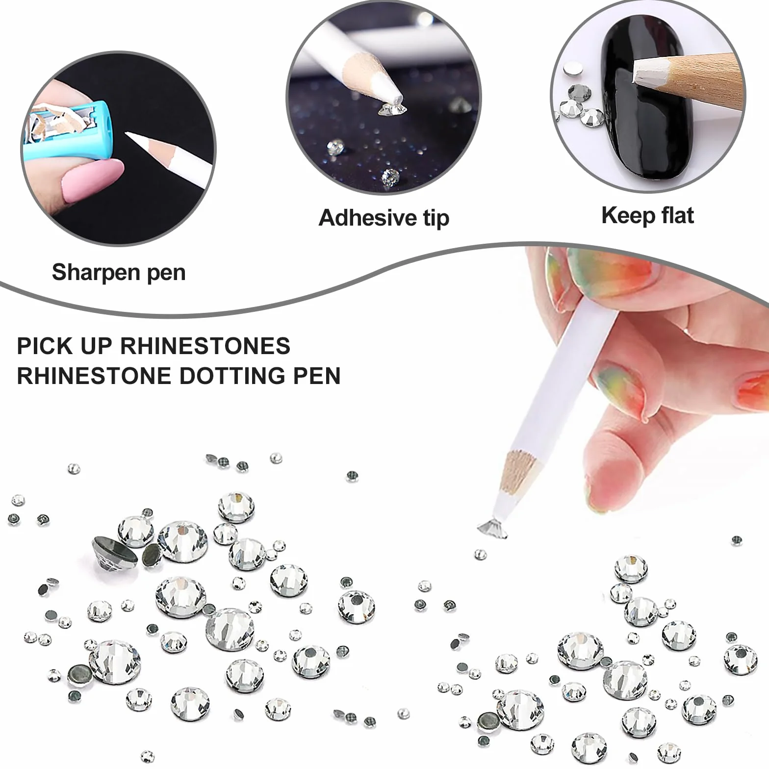 1440 Pièces Strass Ongle Nail Art, 6 Tailles Gems à Dos Plat Rond Cristal, avec Pince et Stylo