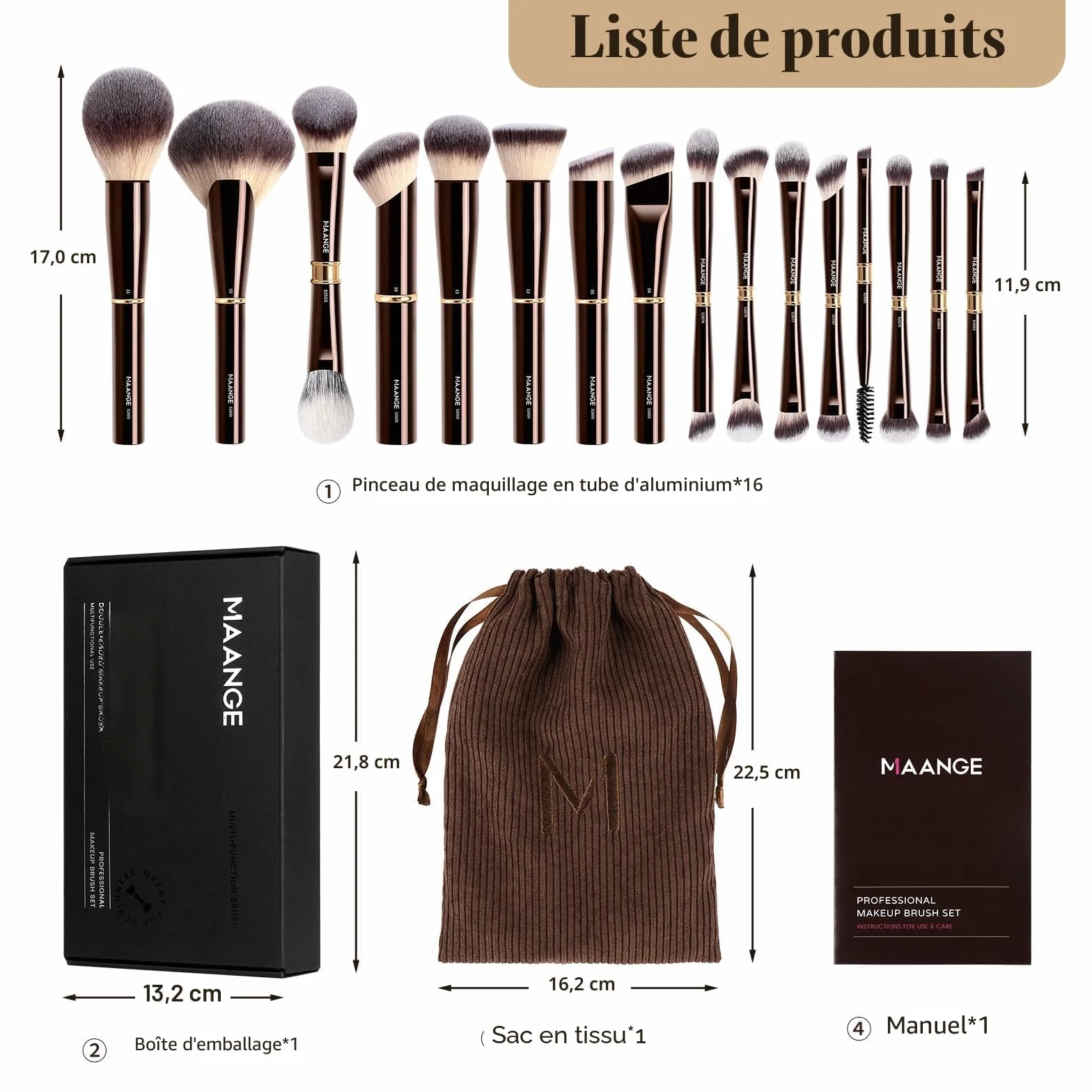 MAANGE Pinceaux Maquillages 16 Pièces Coffret Double Face Fond de Teint Poudre Contour Fard à Joues Set Complet