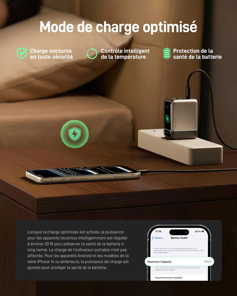CUKTECH 65W Chargeur USB C GaN à 3 Port, Écran Tactile TFT, Câble Tressé 1m