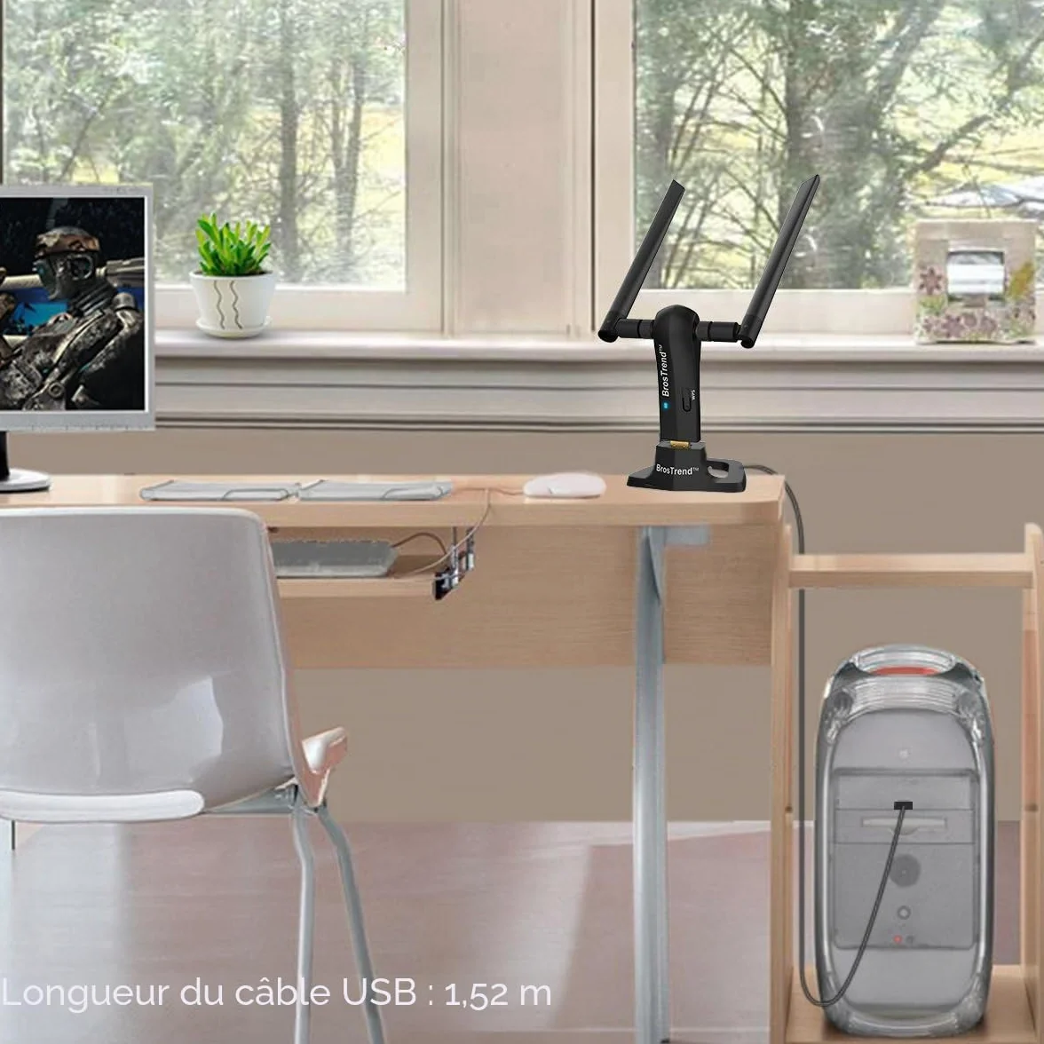 BrosTrend Clé WiFi AC1200 Adaptateur USB Dongle Réseau Longue Portée Bi-Bande 5GHz 867Mbps 2.4GHz 300Mbps 2 Antennes