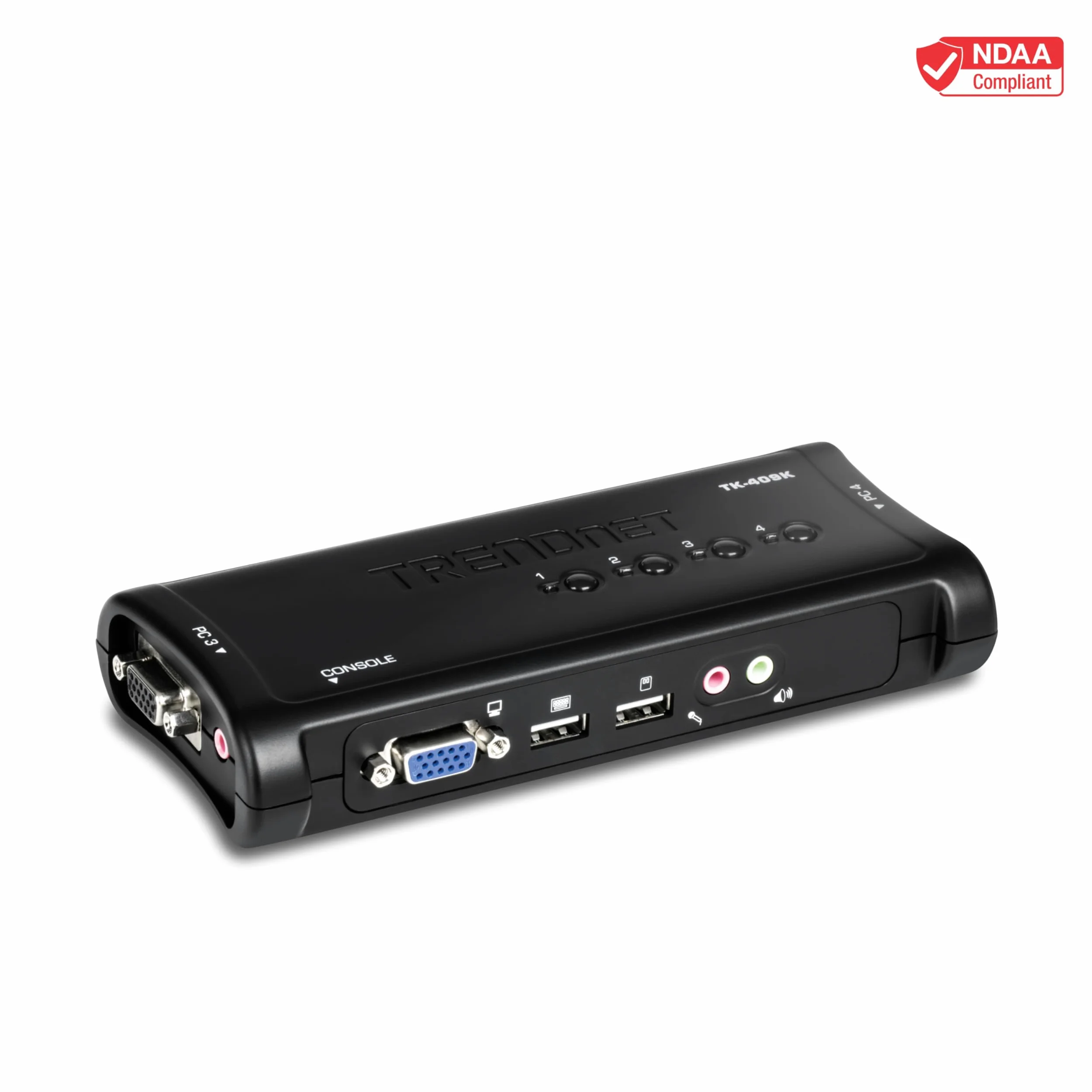 TRENDnet, TK-409K, Commutateur KVM USB 4 ports avec audio, contrôle jusqu'à 4 ordinateurs, résolution VGA 2048 x 1526, Plug and Play, alimentation USB, câbles KVM inclus, noir