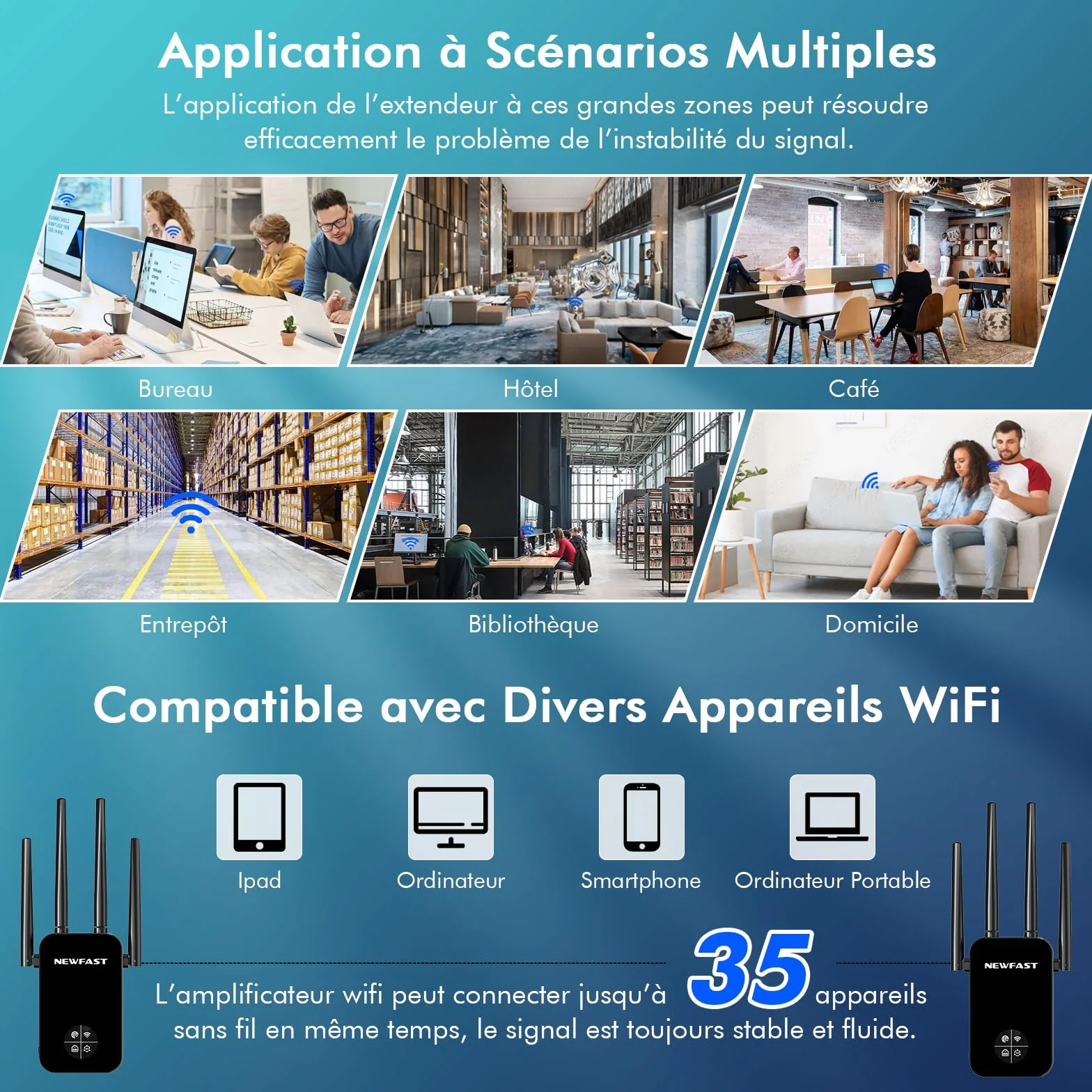 NEWFAST NF-RE523 Répéteur WiFi AC1200 Double Bande Amplificateur WiFi 100 m² Prise UE