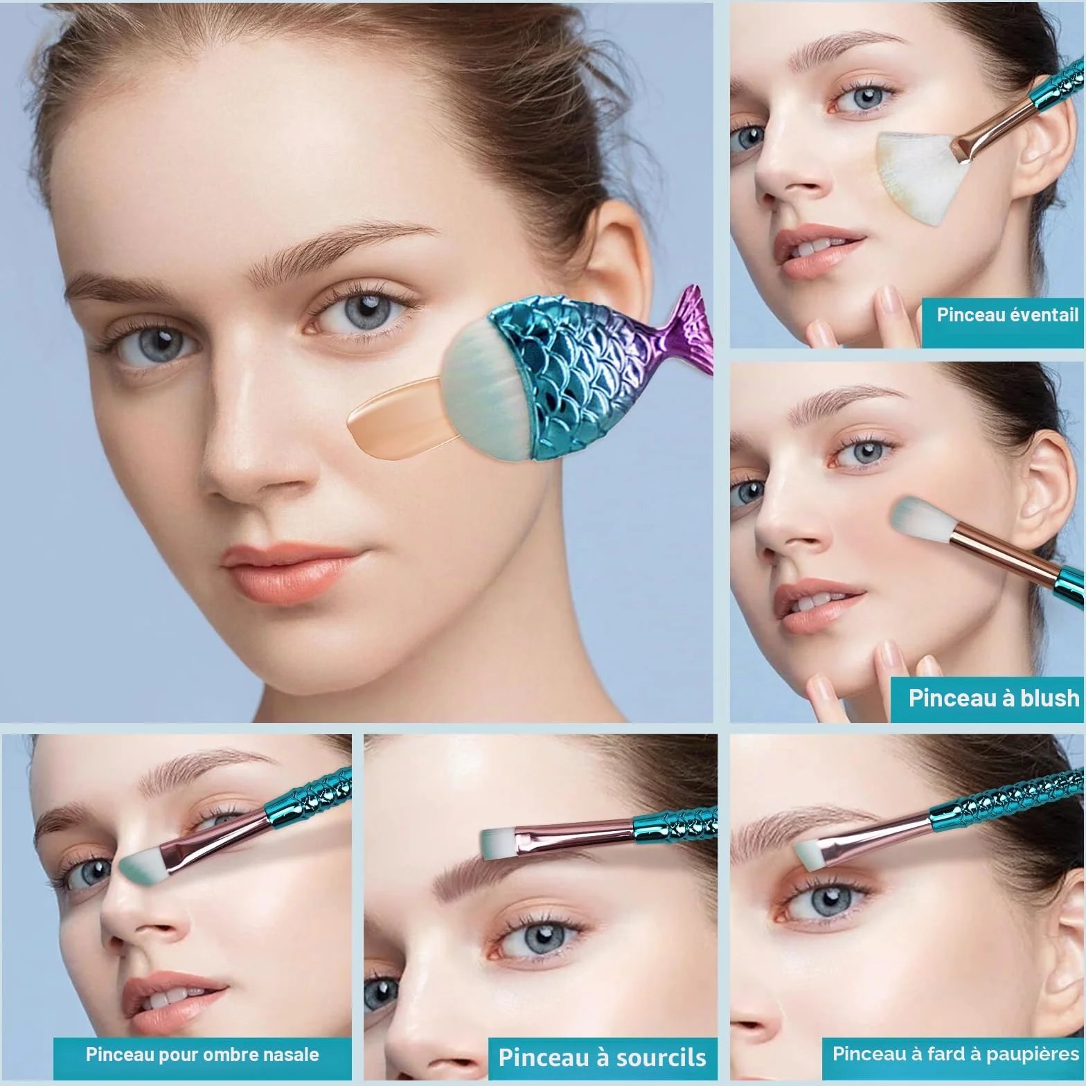 Mermaid Maquillage Pinceaux Set 12 PCS avec barrette Brosse Cosmétique Nylon Fond de Teint Poudre Crème Sourcils Eyeliner Fard à Joues
