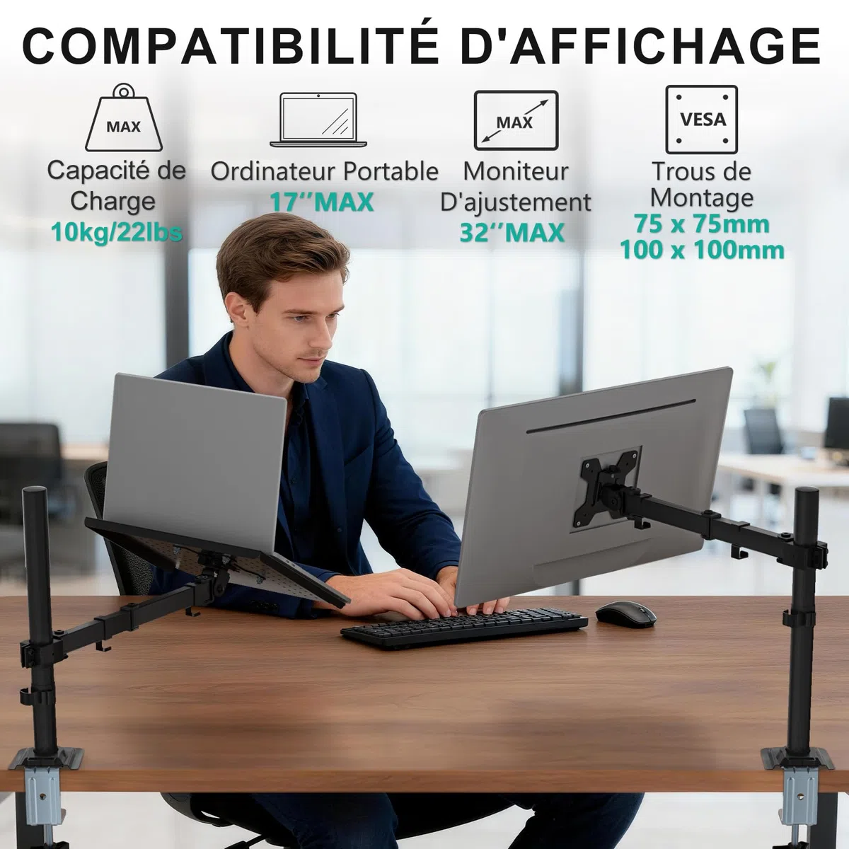 WALI Support de Bureau pour Ordinateur Portable jusqu'à 17", entièrement réglable, capacité de 10 kg avec Support de Plate-Forme de Refroidissement ventilé (M00LP)