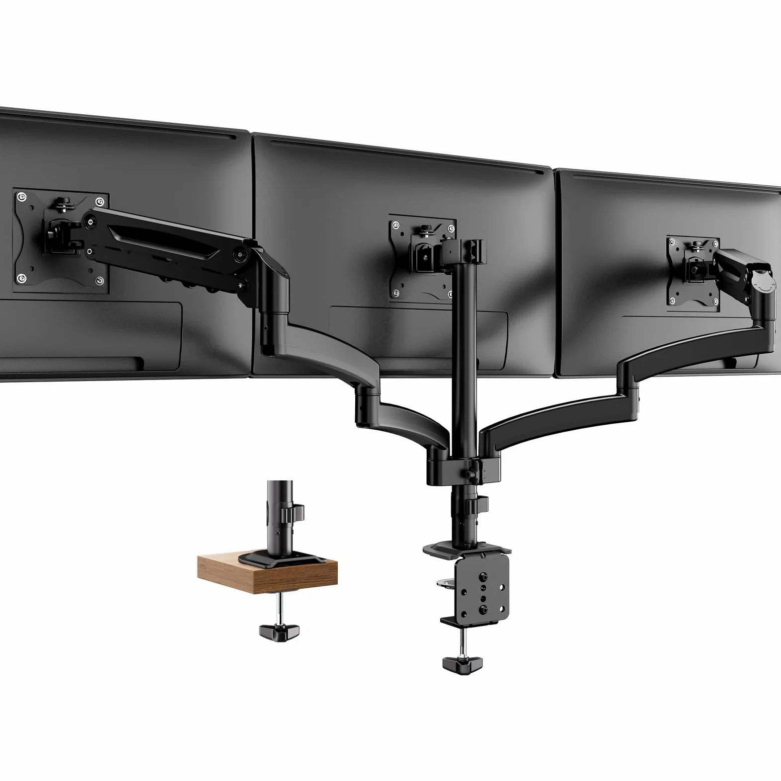 PUTORSEN Support 3 Écran PC Moniteur, Premium Aluminium Bras Articulé Ergonomique Ressort Gaz pour Triple Écrans 17-27", Hauteur Réglable Inclinaison Pivot et Fixation Bureau, Bras Supporte 7kg