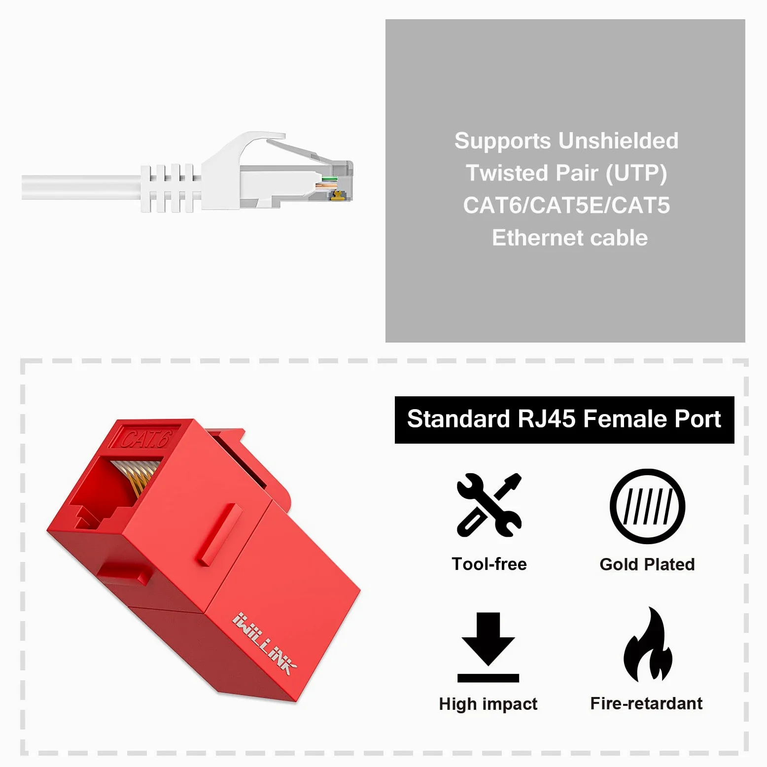 Iwillink Lot de 25 prises Keystone RJ45 Cat6 – Insert UTP femelle vers femelle, coupleur Ethernet, rouge