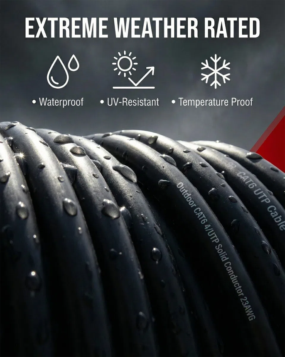 DRIPSTONE CAT6 Direct Burial Ethernet Cable 23AWG Solid CCA UTP, Waterproof HDPE Insulated, Polyethylene (PE) Jacket for Indoor/Outdoor Installations (Black - 1000ft)
