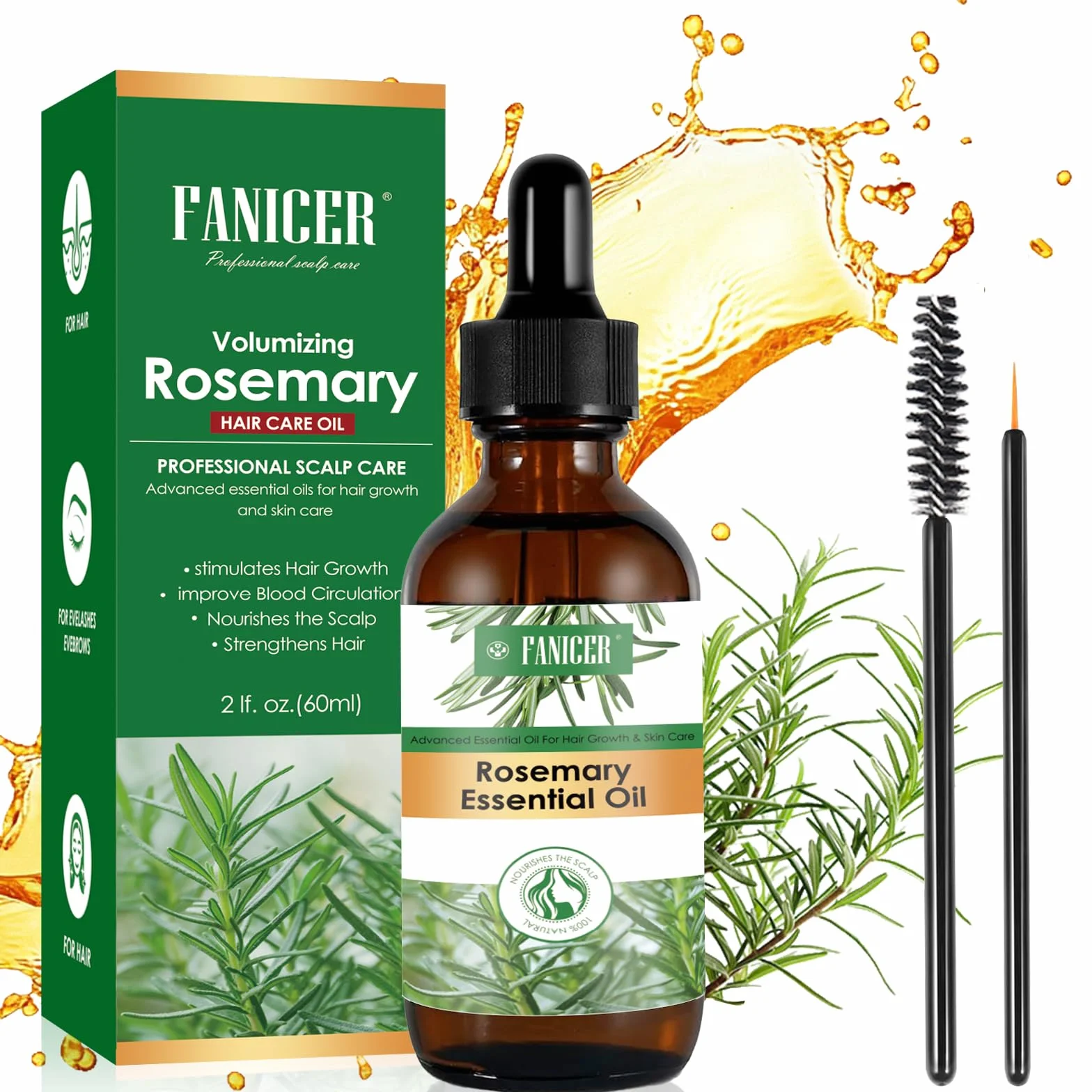 Huile de Romarin pour Cheveux 60ML, Mint Oil, Hair Tonic Fortifier Repousse Cuir Chevelu