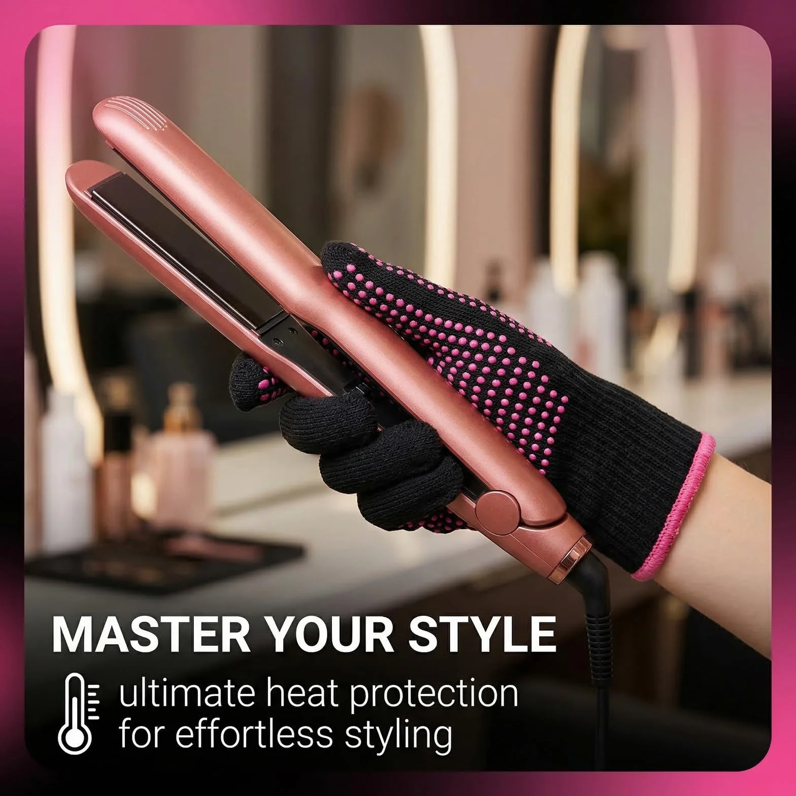 Gants Thermo-Résistants Anti-Brûlure Professionnels en Coton avec Picots Silicone Double Face, Protection Chaleur Coiffure, Rose Rouge