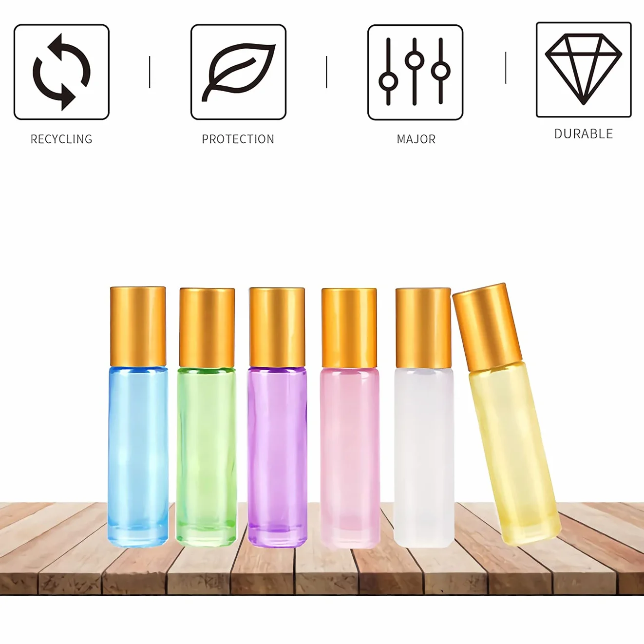 Flacons à Bille pour Huiles Essentielles 10ml, Lot de 12 Bouteilles Roll-on en Verre Mixte avec Couvercle Or et Rouleau en Acier Inoxydable