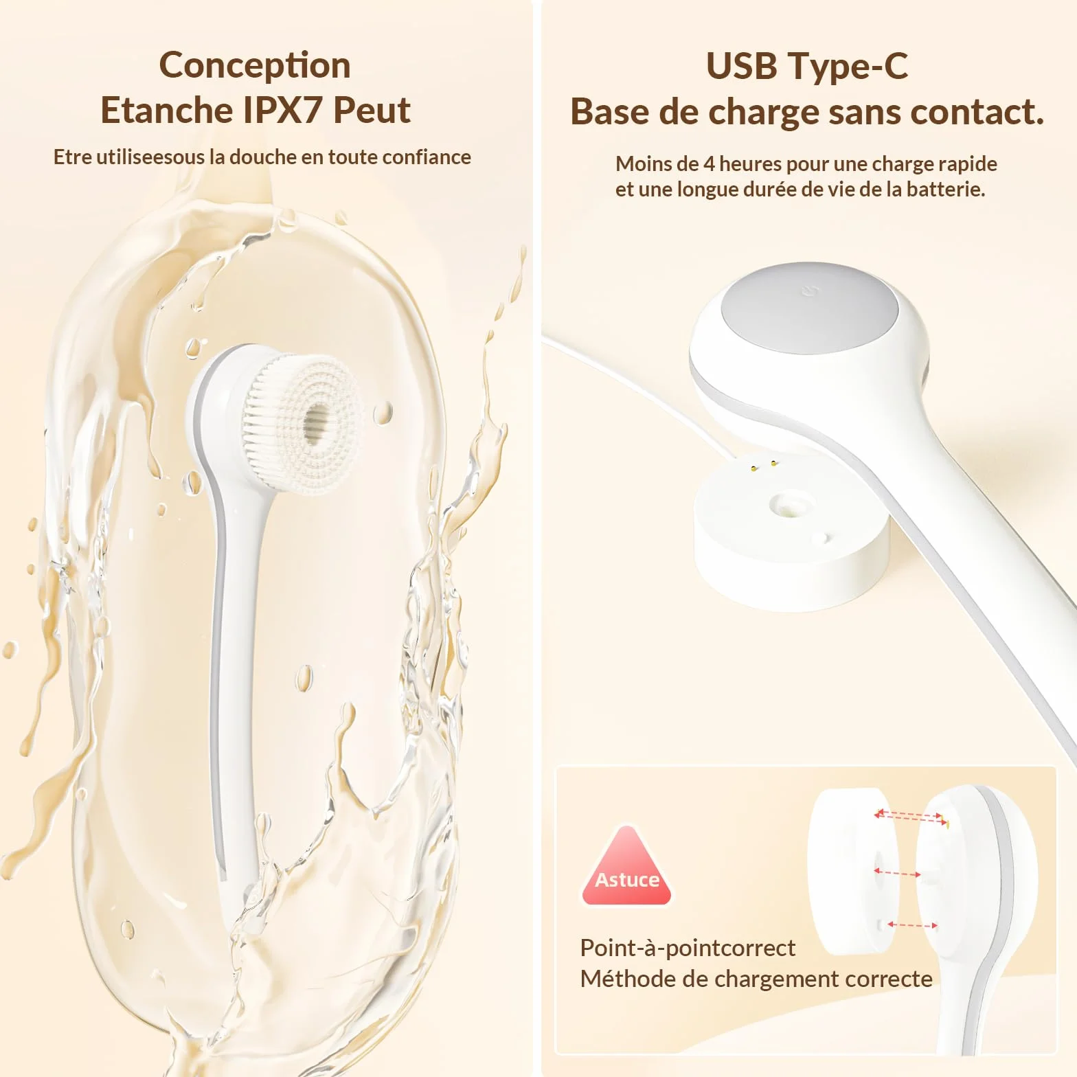 Brosse à récurer électrique IPX7 étanche charge USB longue poignée Blanc perle