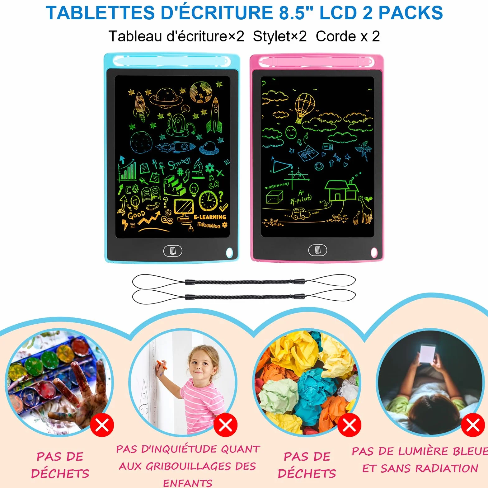 Electight Tablette Dessin Enfant 8,5 Pouces LCD Écriture Verrouillage Effacement Cadeau Éducatif 2-7 Ans Rose Bleu