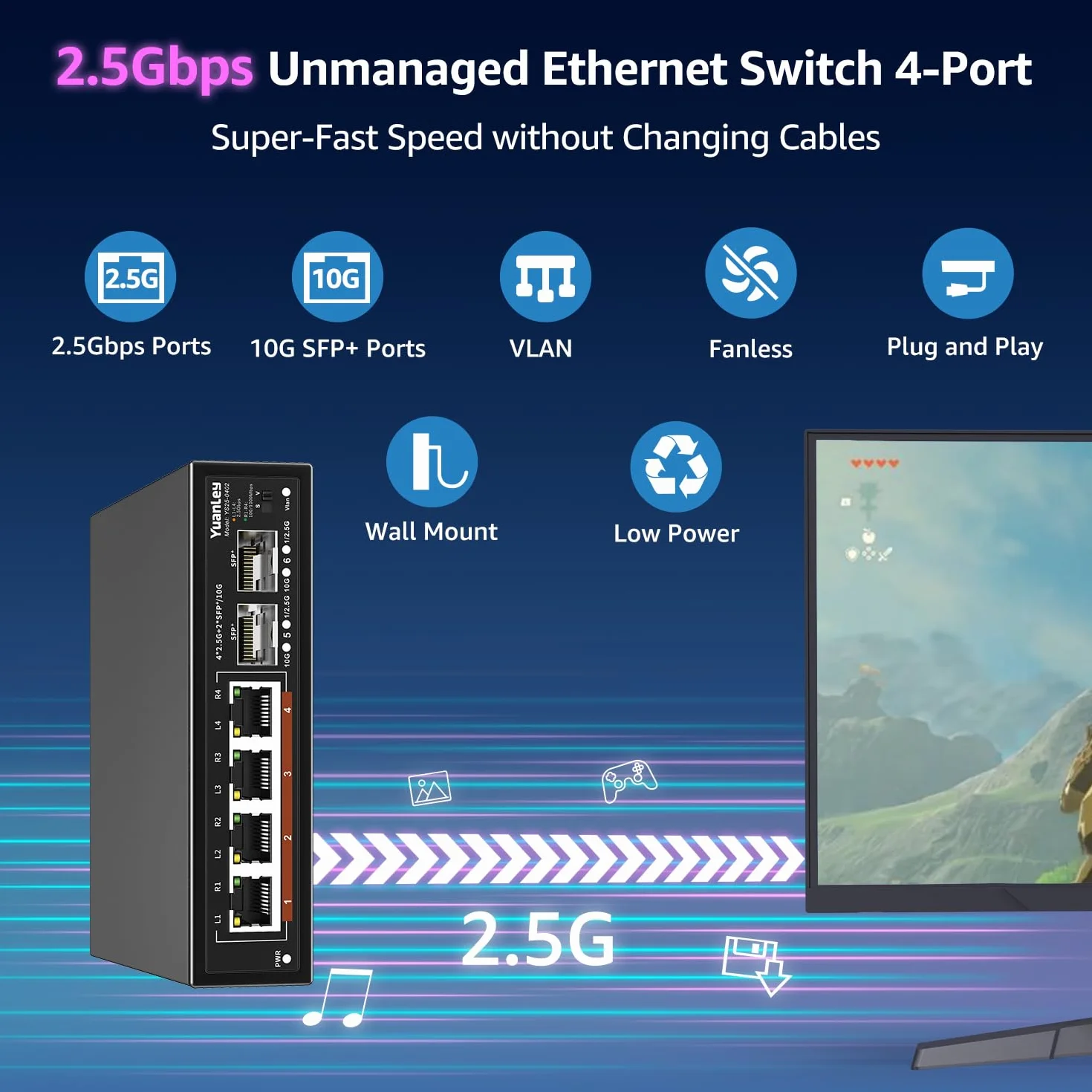 Commutateur Réseau YuanLey 6 Ports 2.5G Ethernet Non géré Métal sans Ventilateur 4 x 2.5G Base-T 2 x 10G SFP Montage Mural