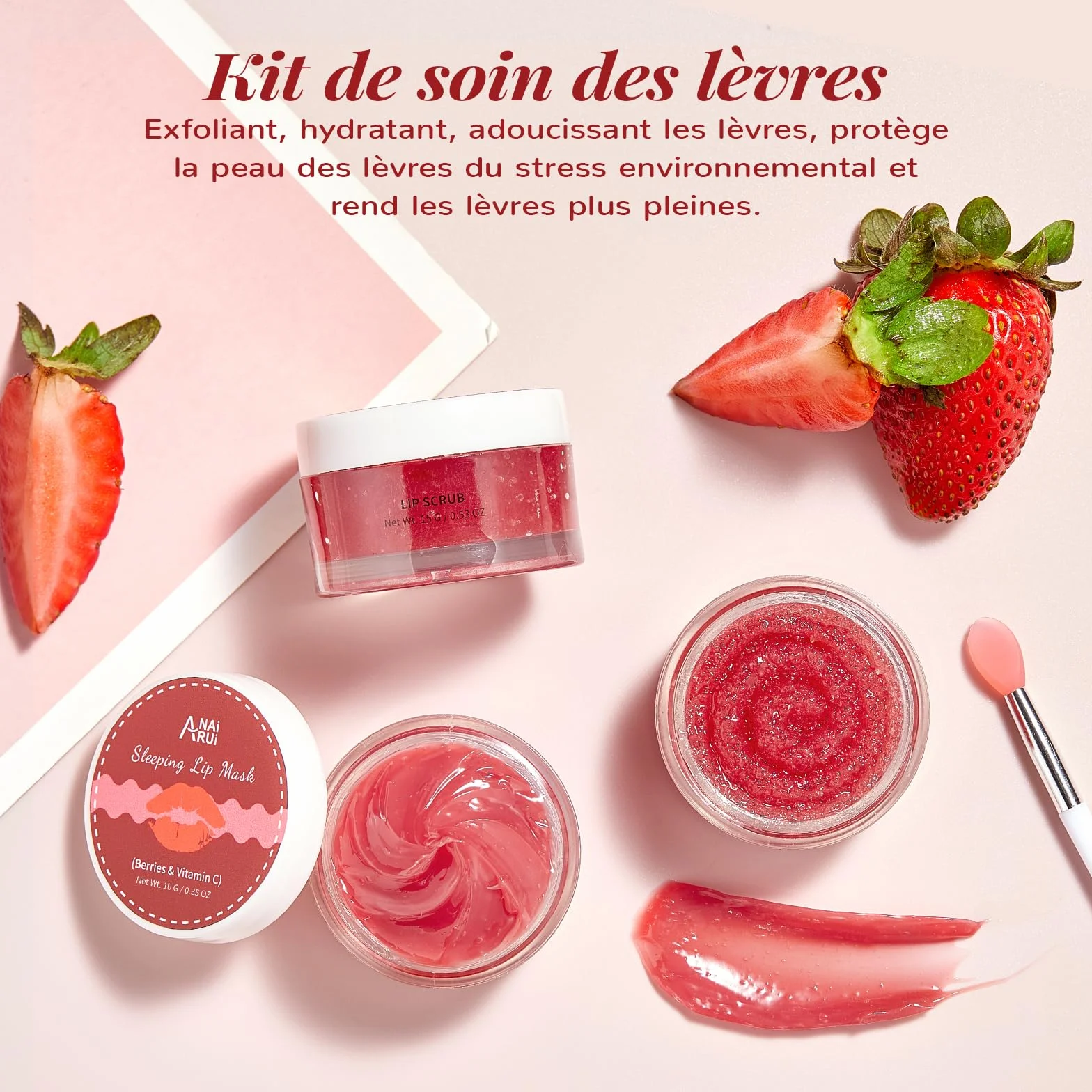 Kit de Soin pour les Lèvres ANAiRUi - Masque Baume & Gommage Sucré - Masque de Nuit Baies Vitamine C