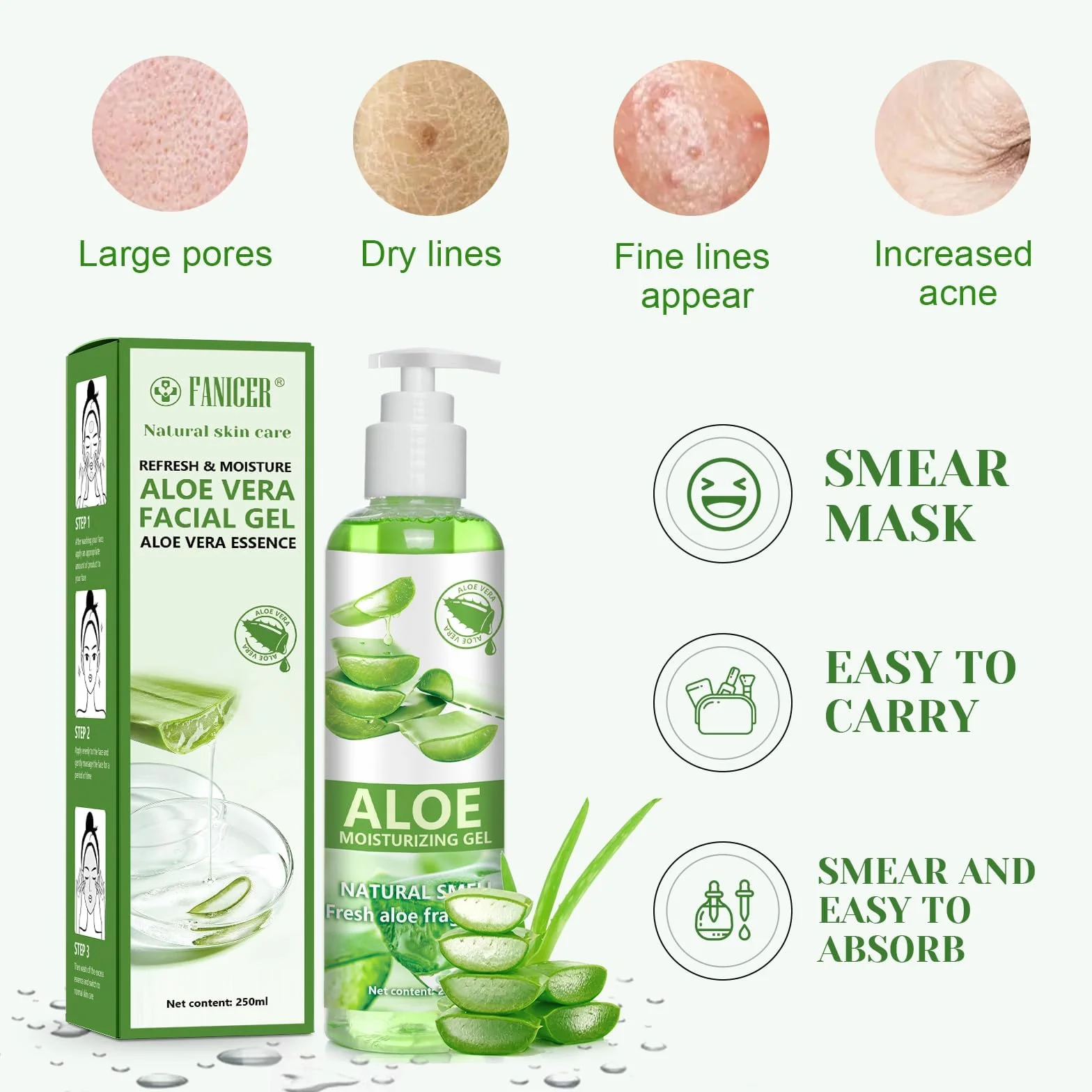 Gel d’aloe vera 250 ml, Crème soin rafraîchissant apaisant pour la peau, hydratant visage et corps